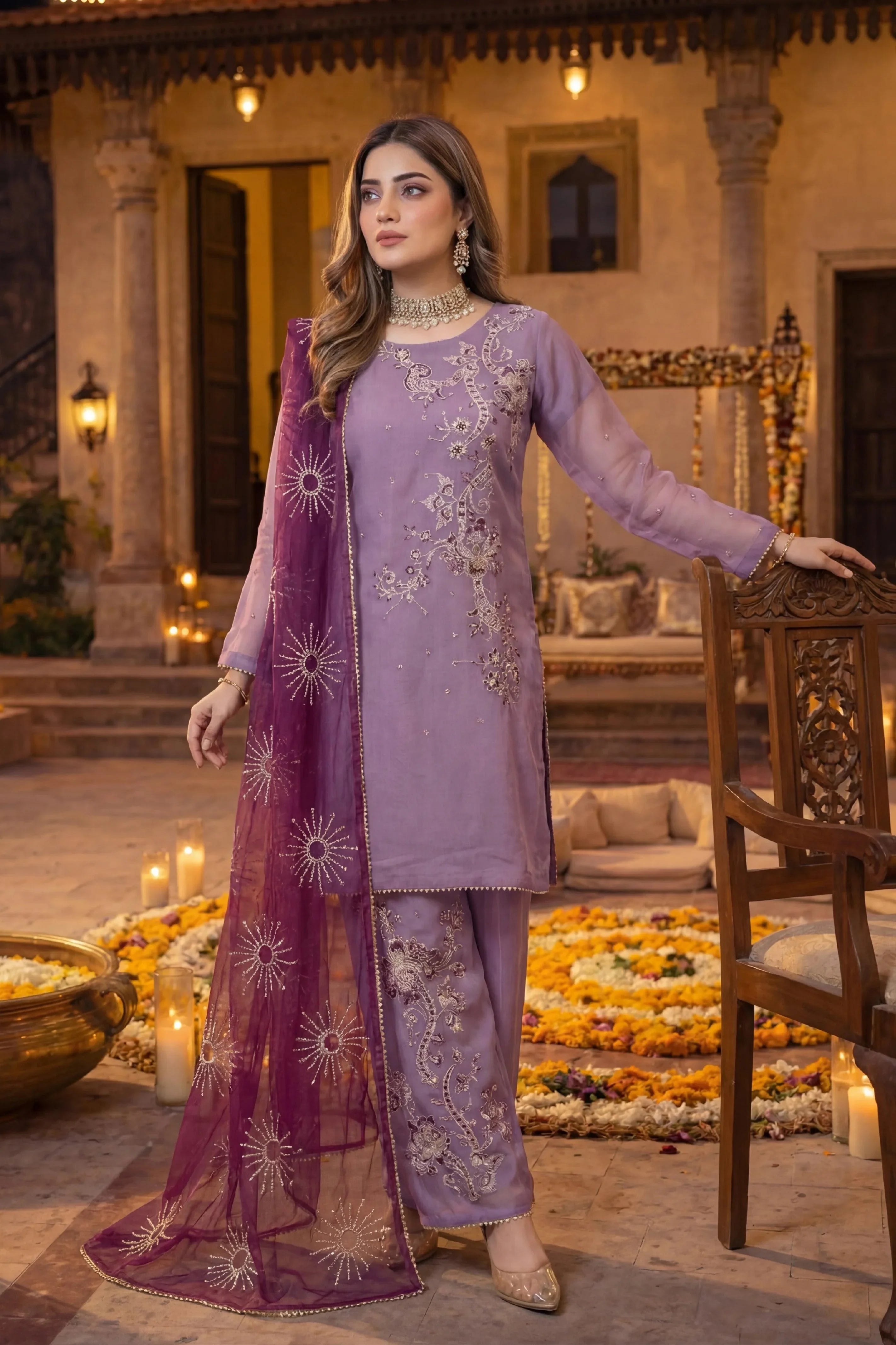 Lavender embroidered Pakistani suit with purple dupatta, perfect for weddings and festive occasions.