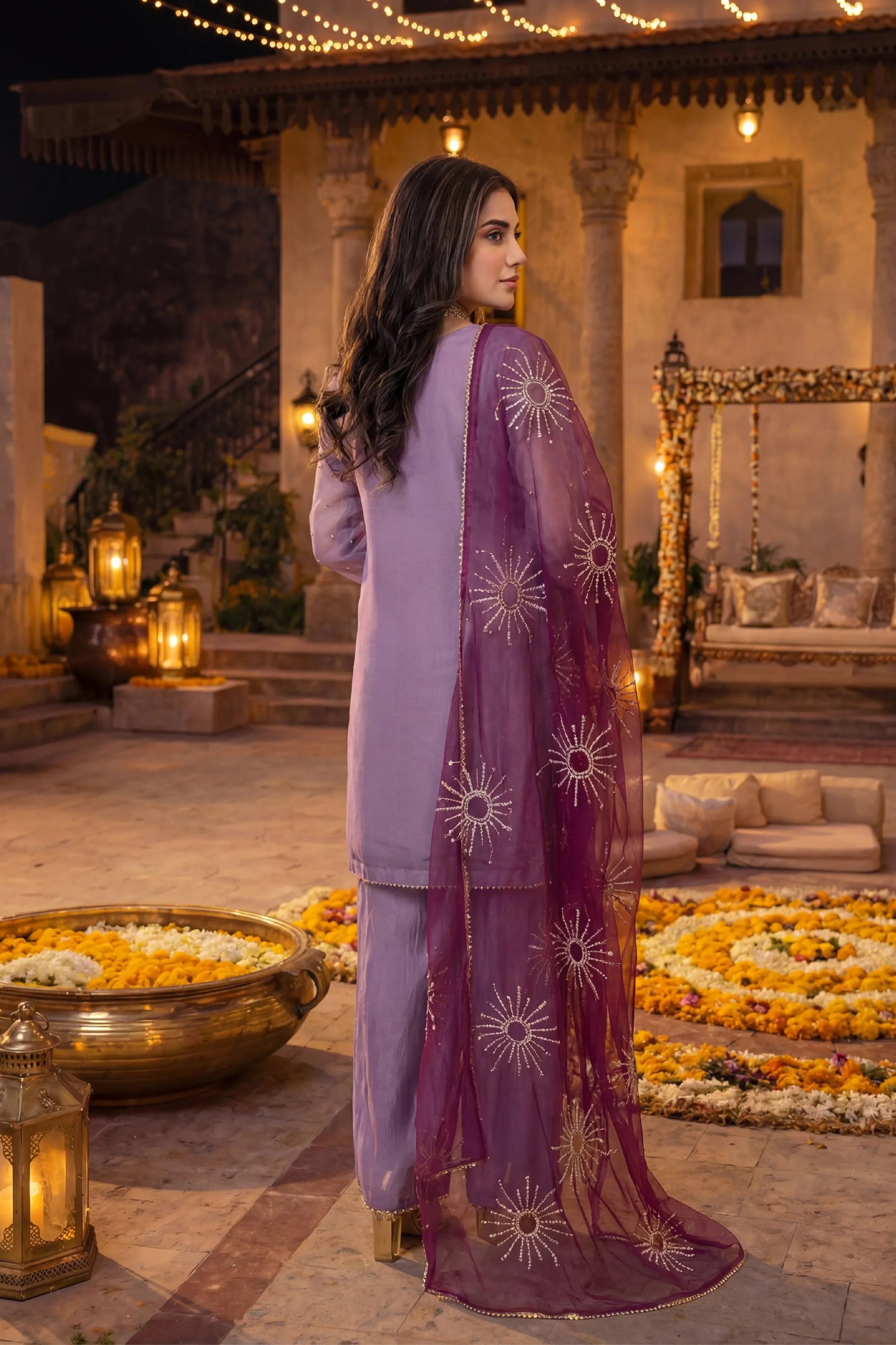 Elegant purple embroidered dress with sheer dupatta, perfect for evening events and celebrations in Pakistan.