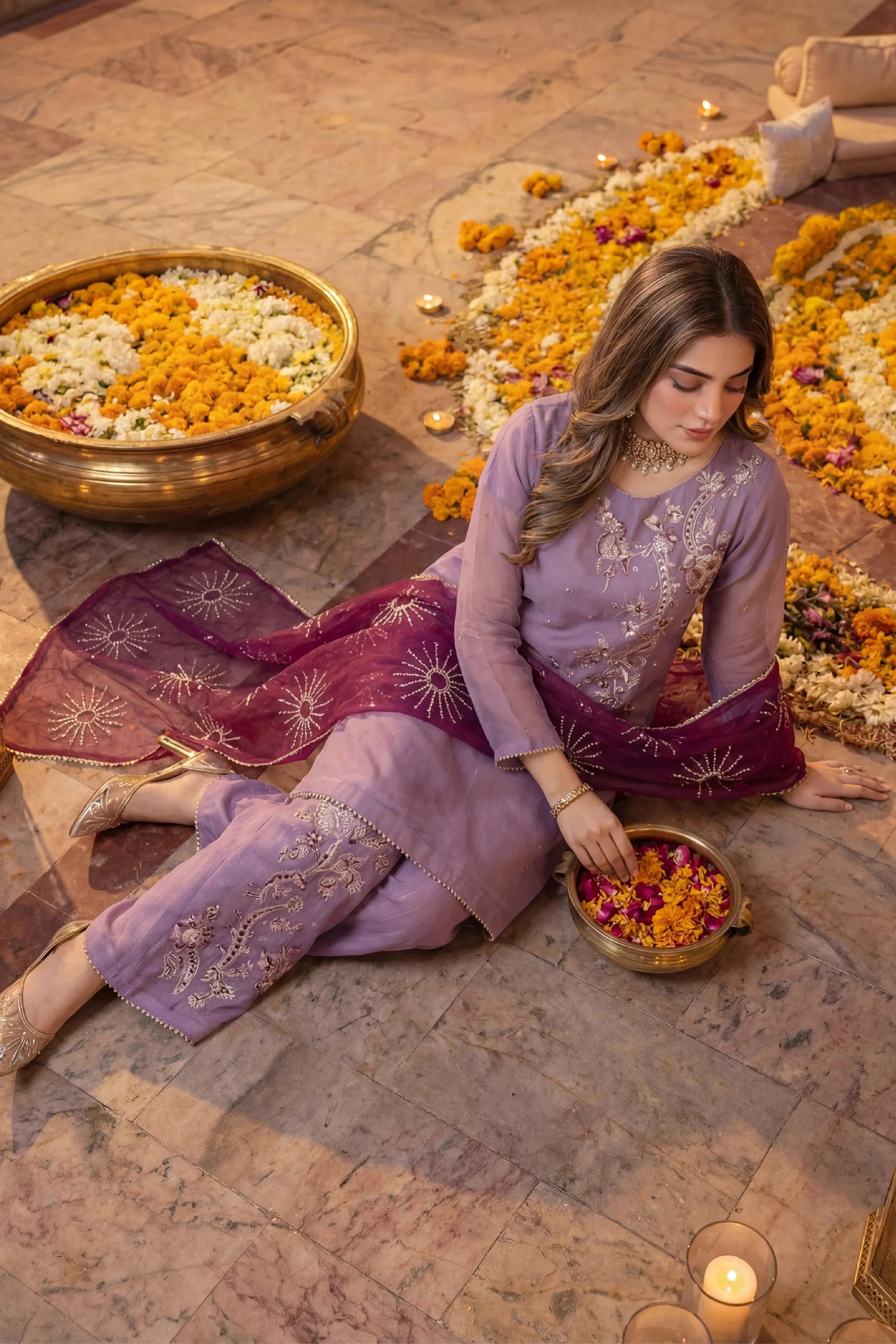 Elegant purple embroidered Pakistani dress with floral motifs, paired with maroon dupatta, perfect for festive occasions.