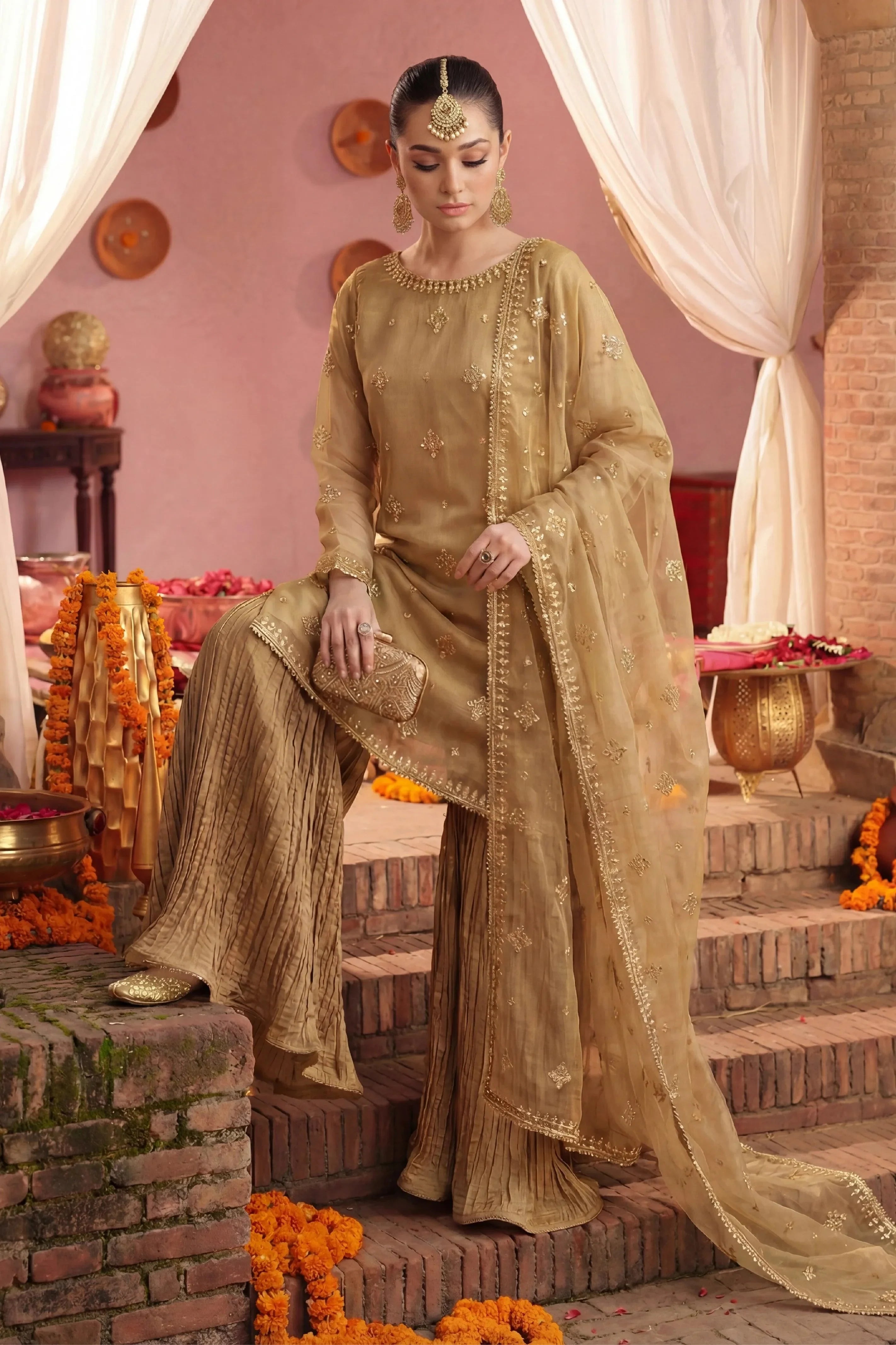 Elegant gold embroidered Pakistani dress with dupatta, perfect for weddings and special occasions