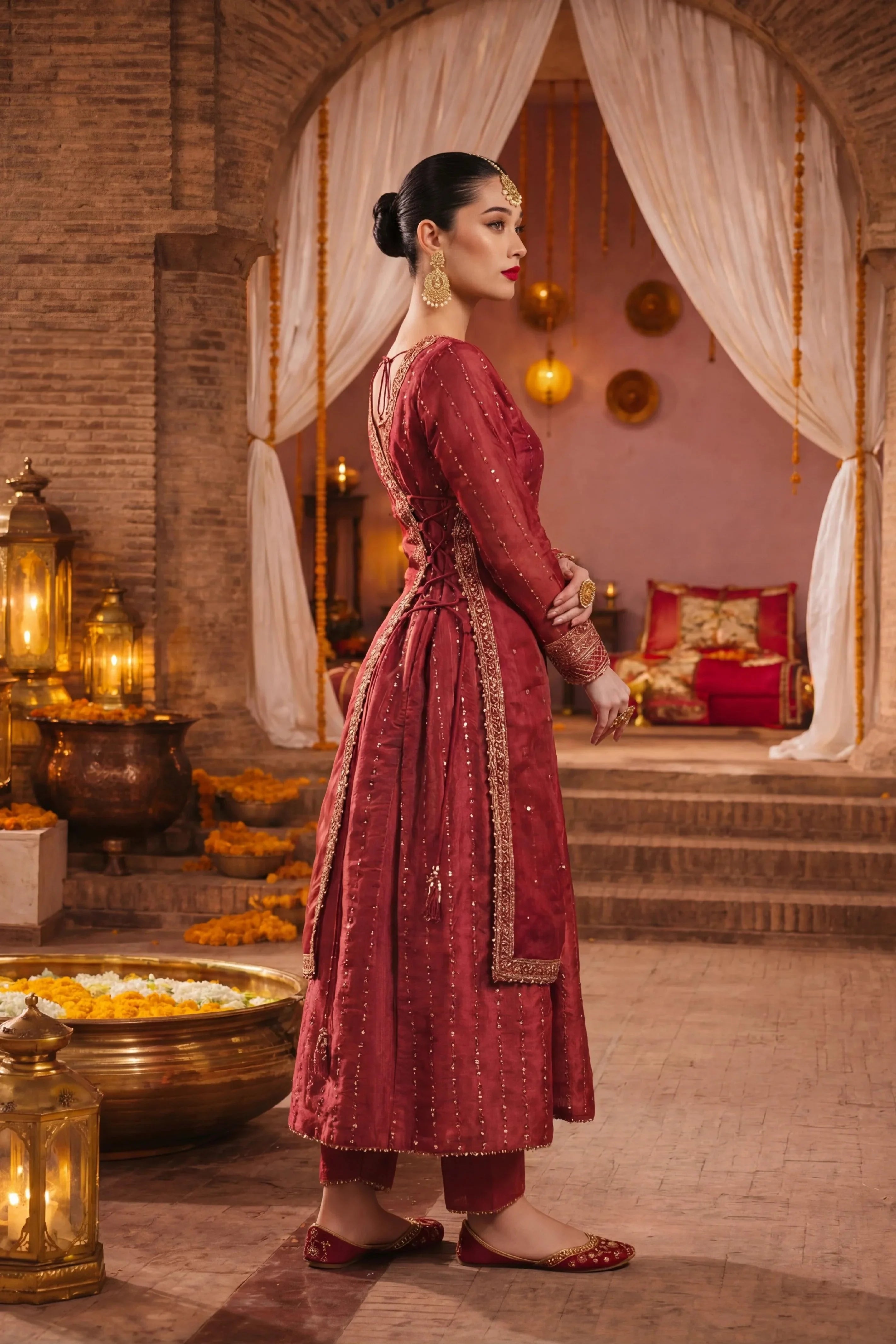 Elegant maroon Pakistani dress with gold embroidery, perfect for weddings and special occasions.