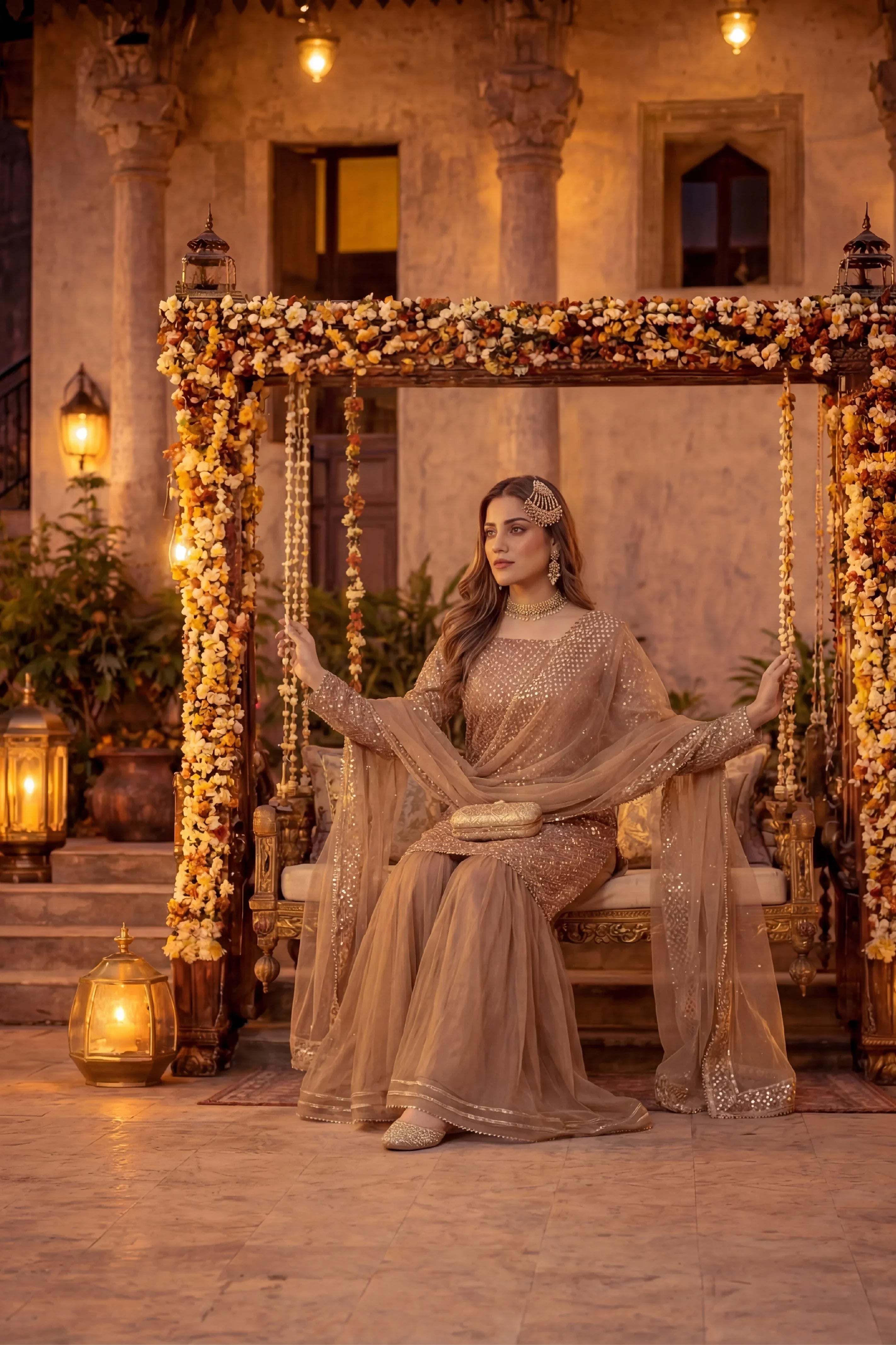Elegant woman in shimmering gold Pakistani dress seated on floral-decorated swing, perfect for festive occasions.