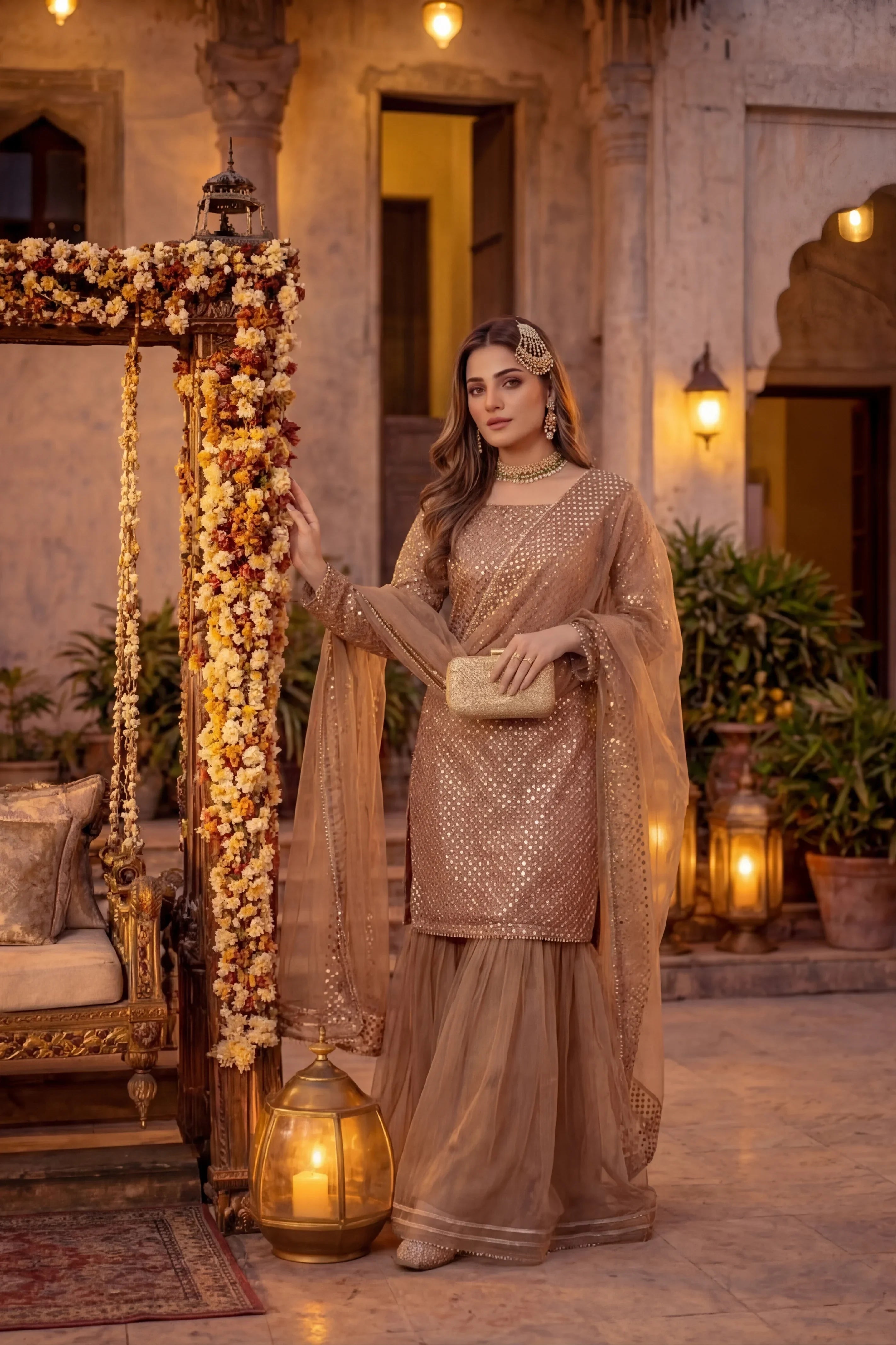 Elegant woman in gold sequin Pakistani dress with floral decor and lanterns