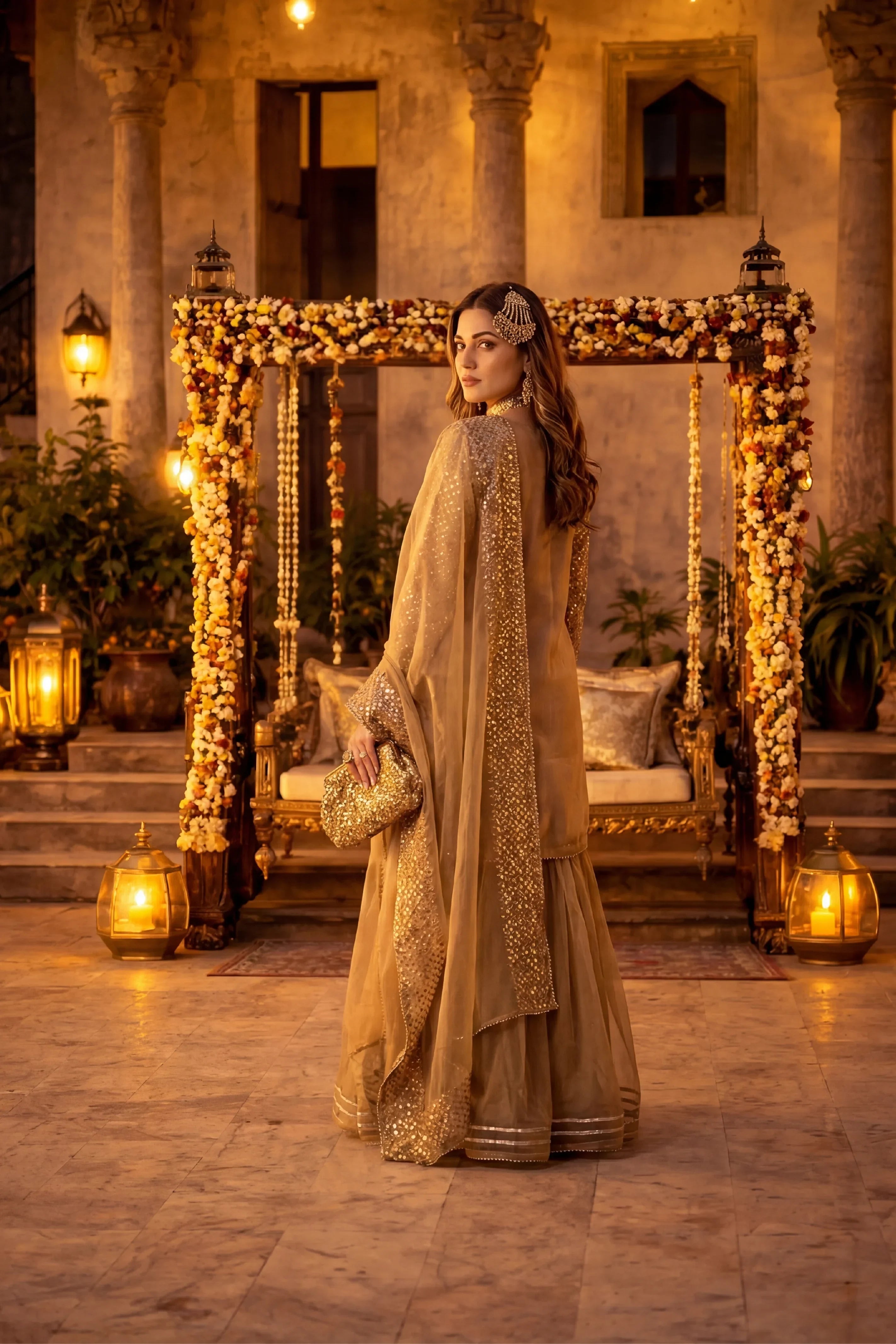 Elegant gold sequin Pakistani dress for weddings, featuring intricate embroidery and a matching dupatta, perfect for festive occasions.