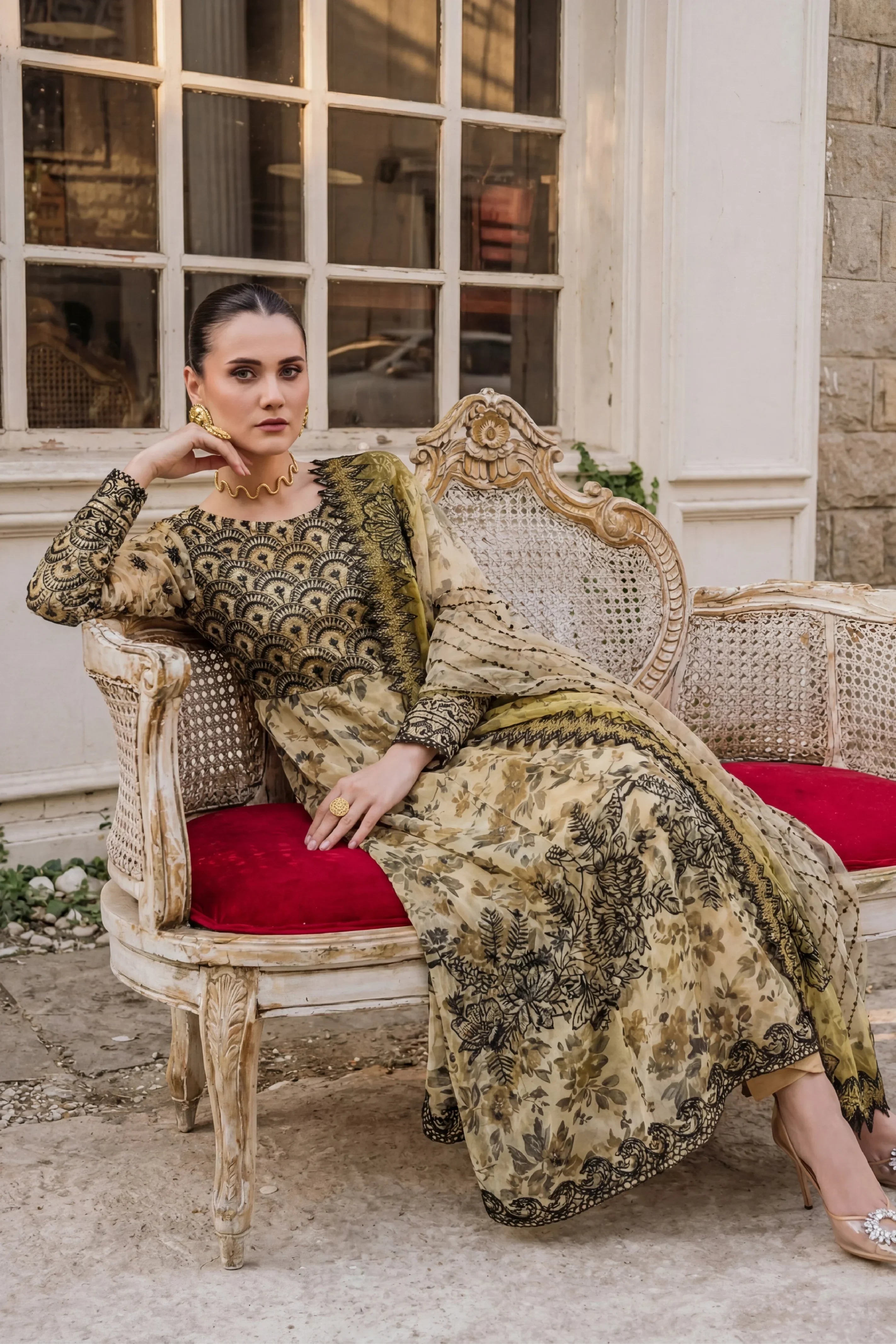 Elegant woman in gold and black embroidered Pakistani dress, seated on vintage chair with red cushion, perfect for formal occasions.