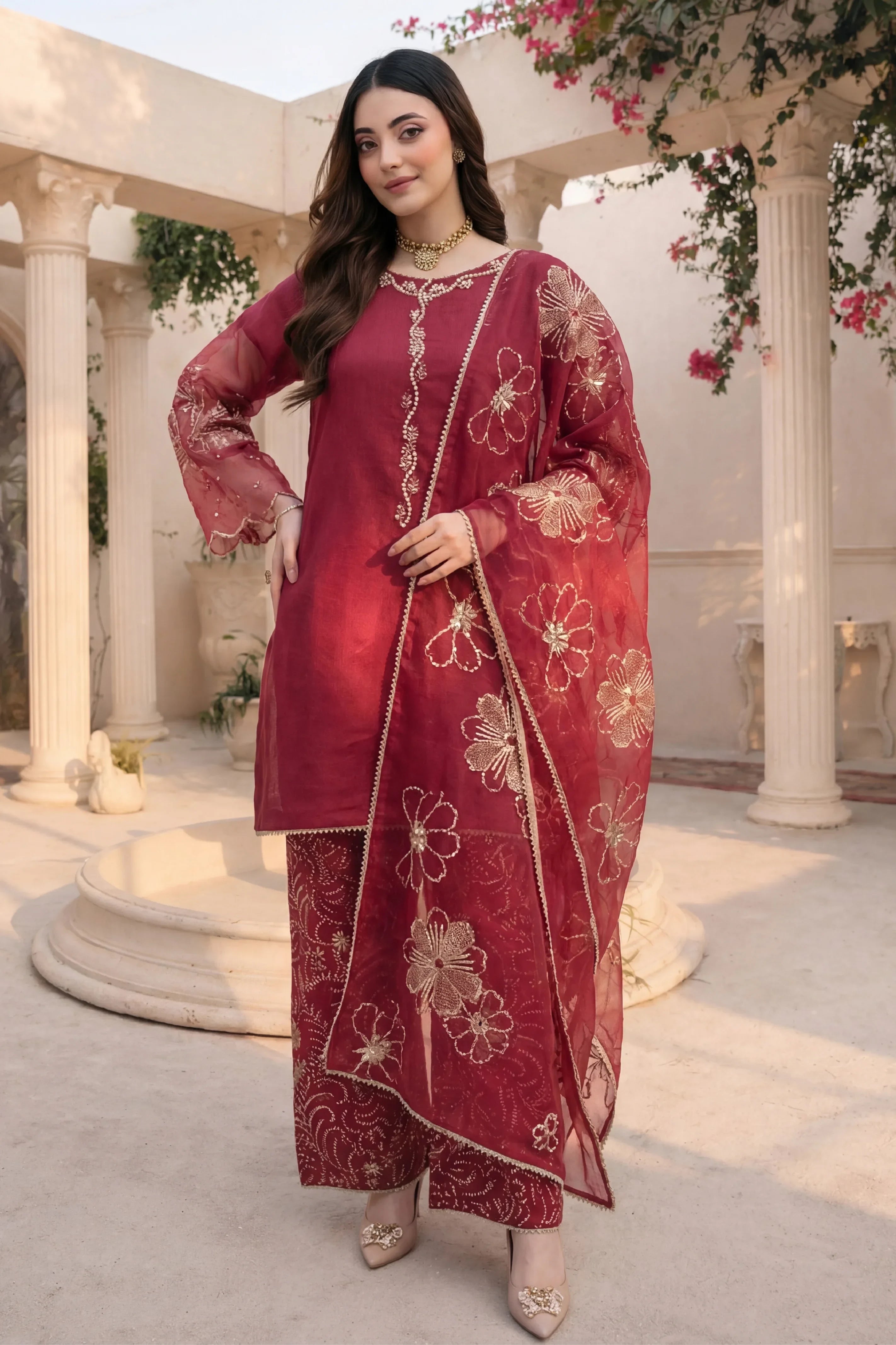 Elegant maroon Pakistani dress with gold floral embroidery, perfect for weddings and formal occasions.