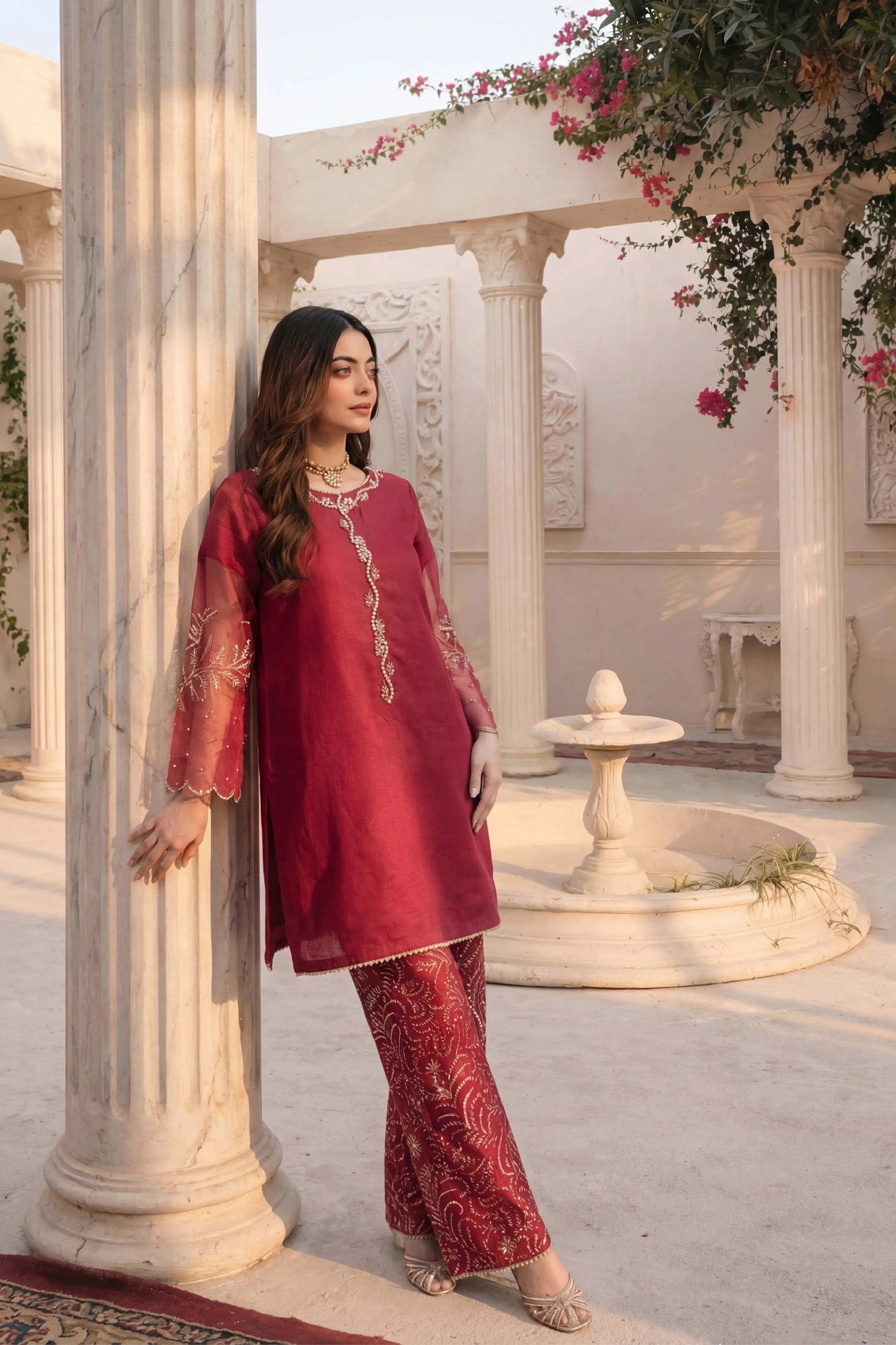 Elegant maroon embroidered dress with gold detailing, perfect for Pakistani women&