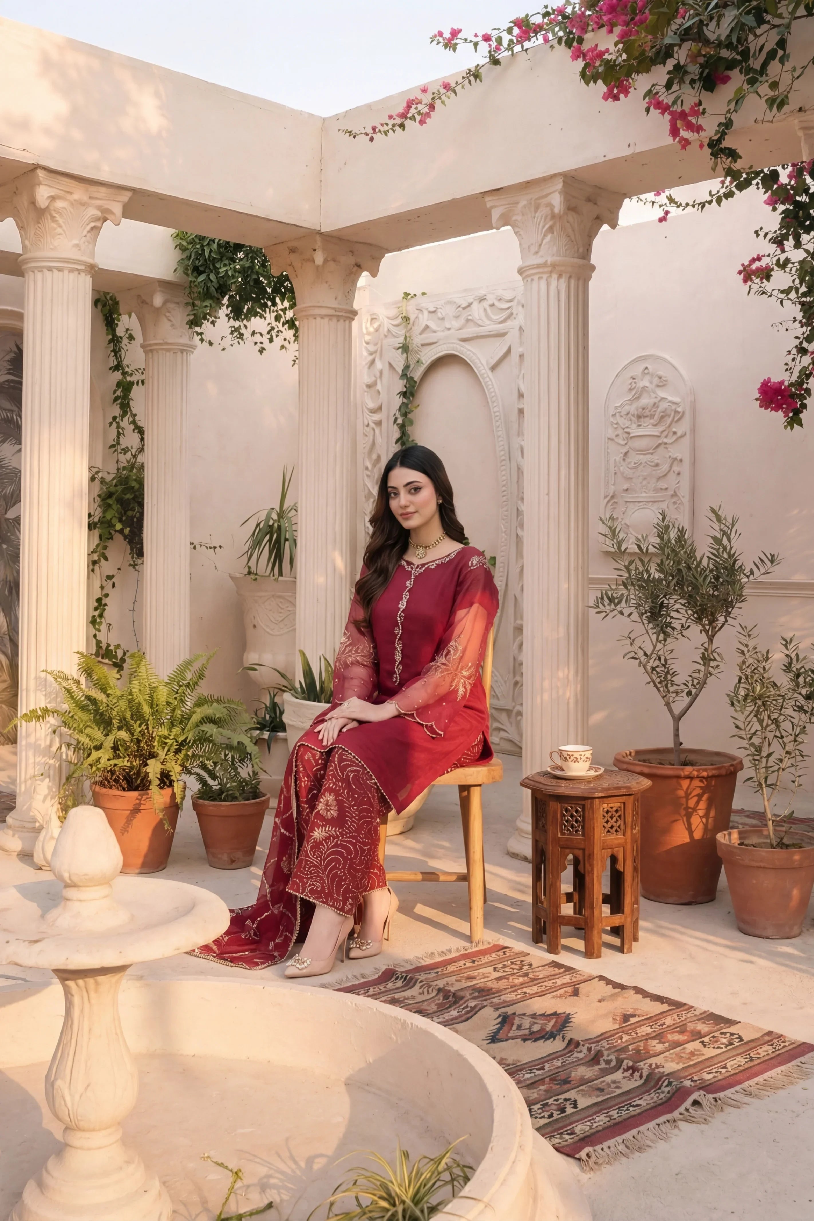 Elegant maroon embroidered dress for women, perfect for Pakistani occasions, styled in a serene courtyard with floral accents.