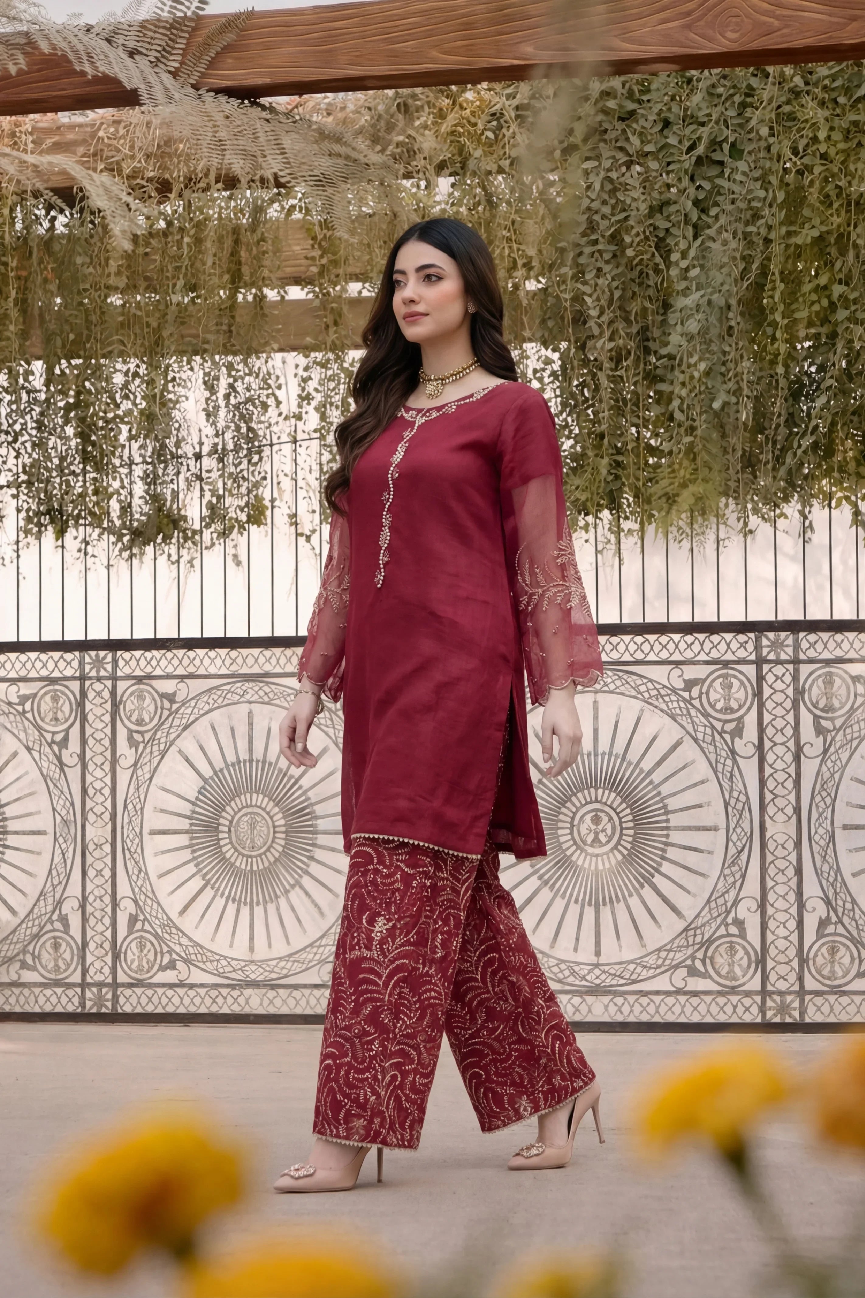 Elegant maroon embroidered dress with sheer sleeves and matching palazzo pants for women&
