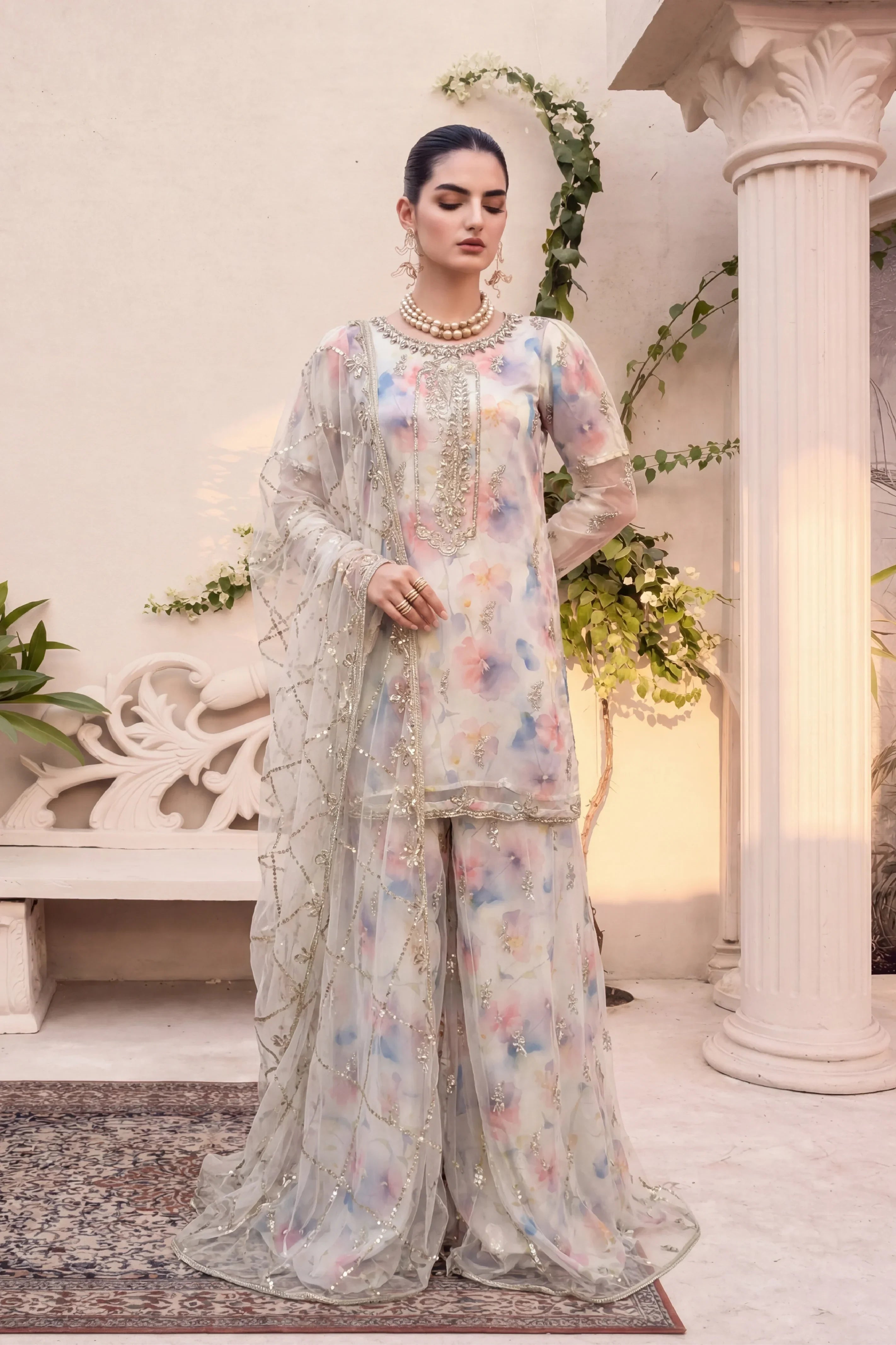Elegant floral printed stitched dress with gold embroidery, perfect for Pakistani women&