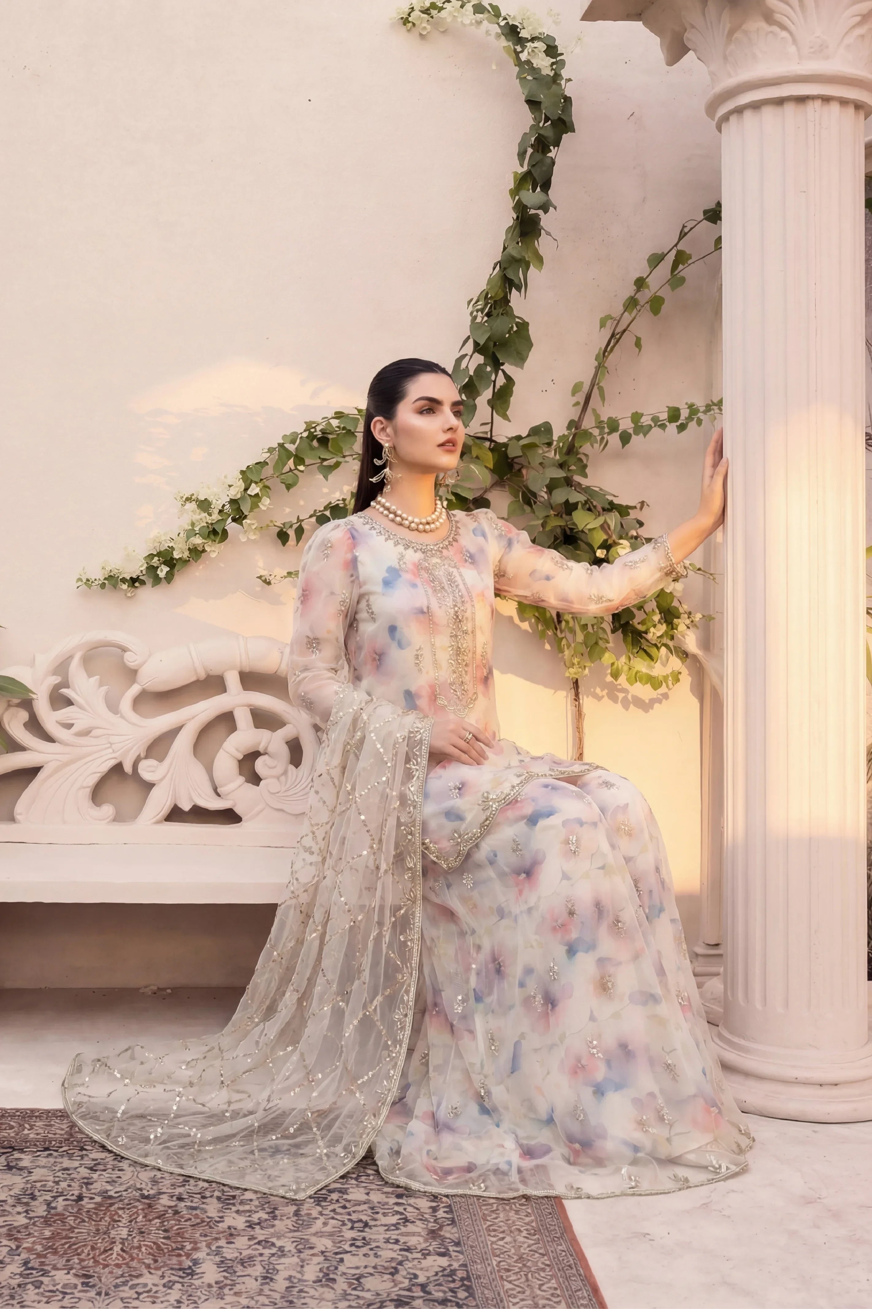 Elegant floral embroidered dress with sheer dupatta, perfect for special occasions in Pakistan