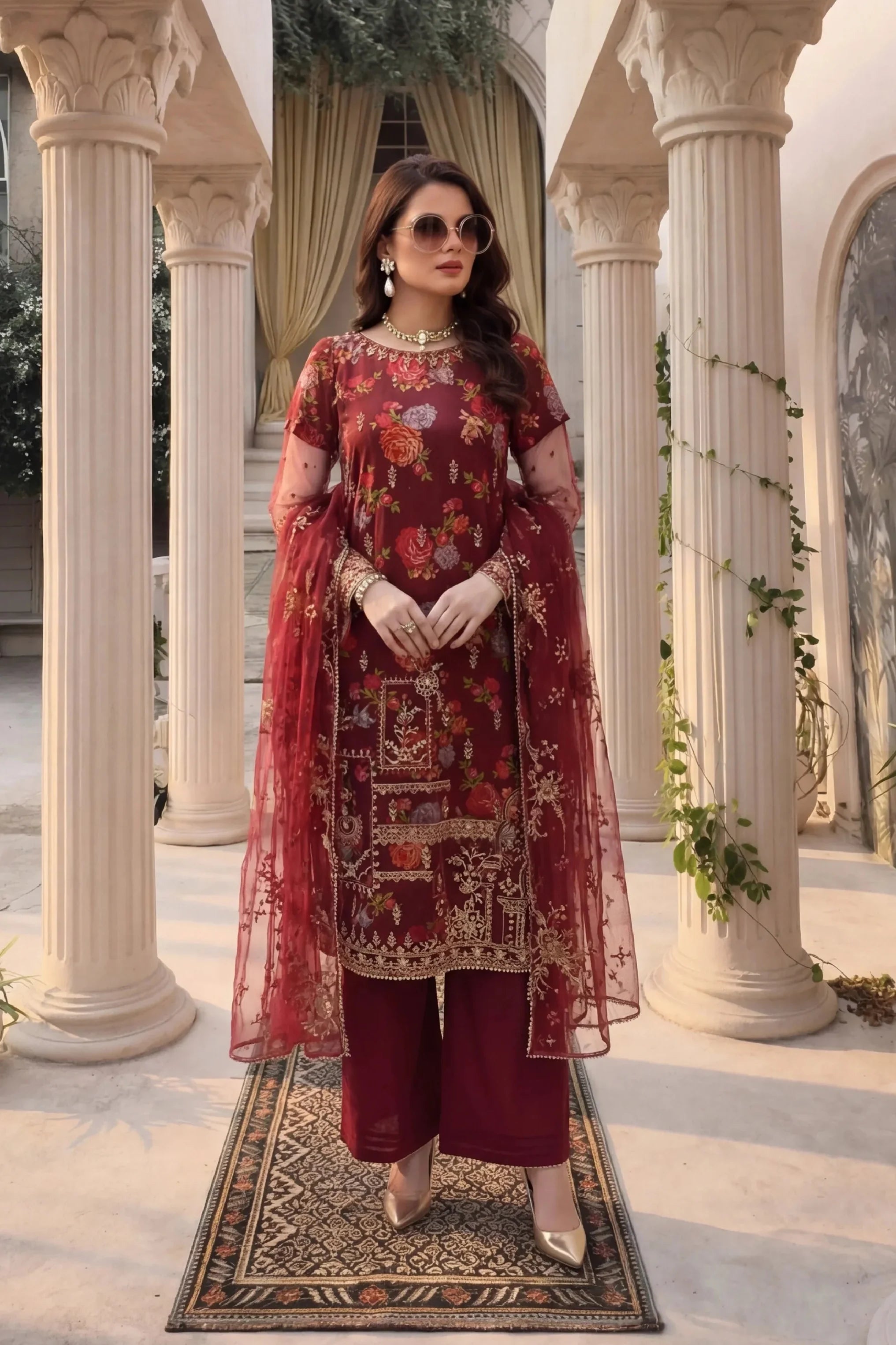 Elegant maroon floral embroidered dress with sheer dupatta, styled for Pakistani women&