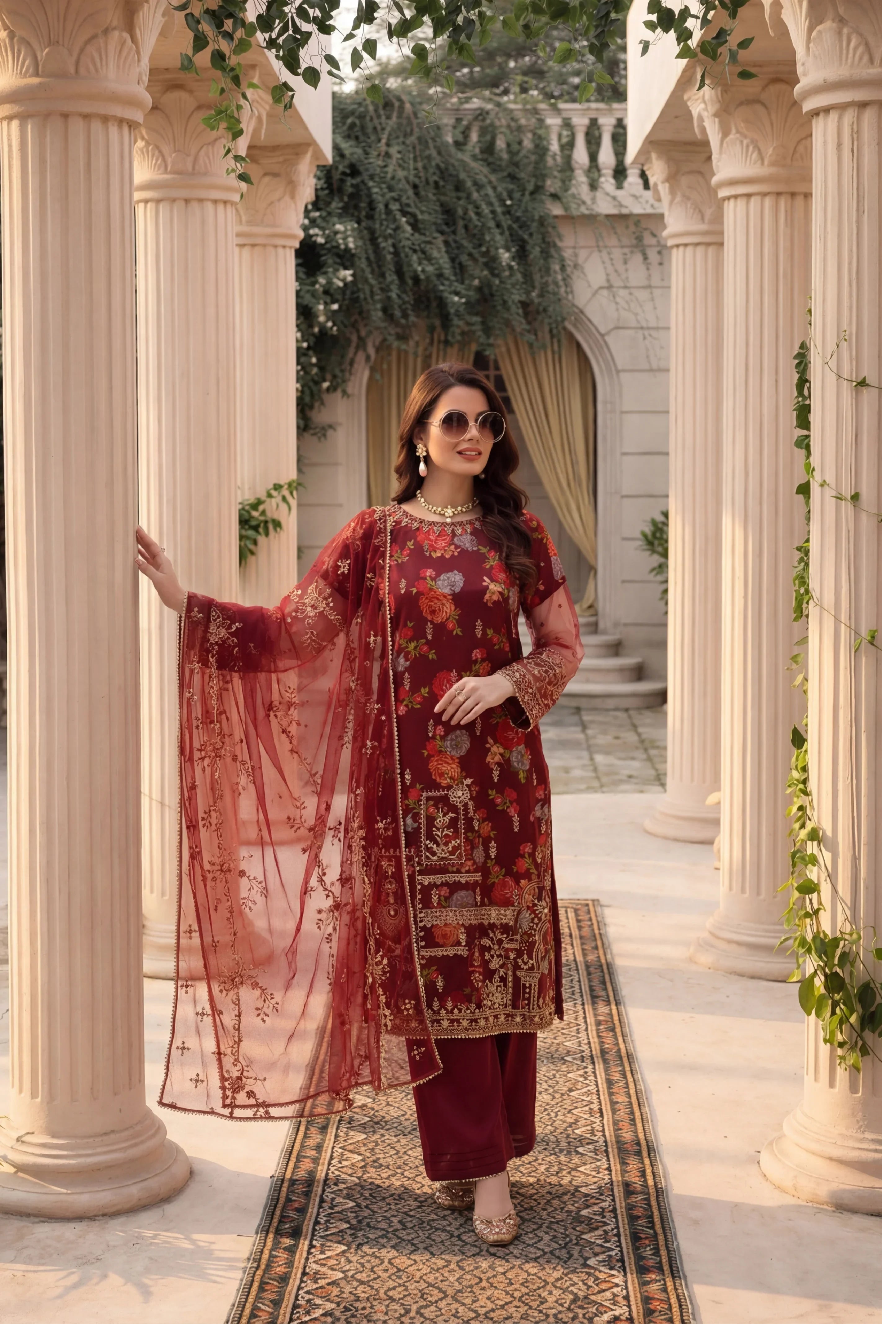 Elegant maroon floral embroidered dress with sheer dupatta, perfect for Pakistani women&