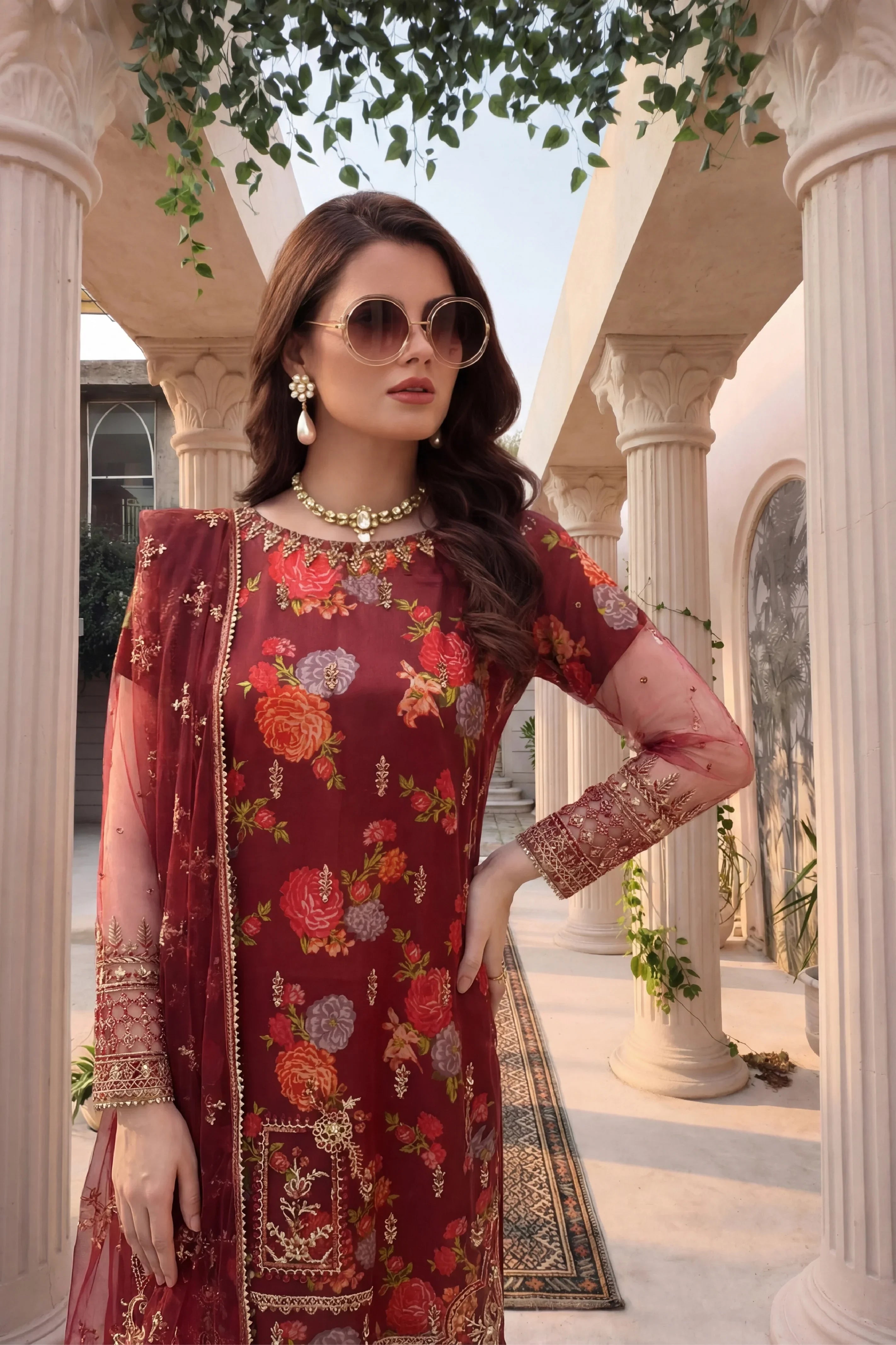 Elegant maroon floral embroidered dress with sheer sleeves, perfect for Pakistani women&