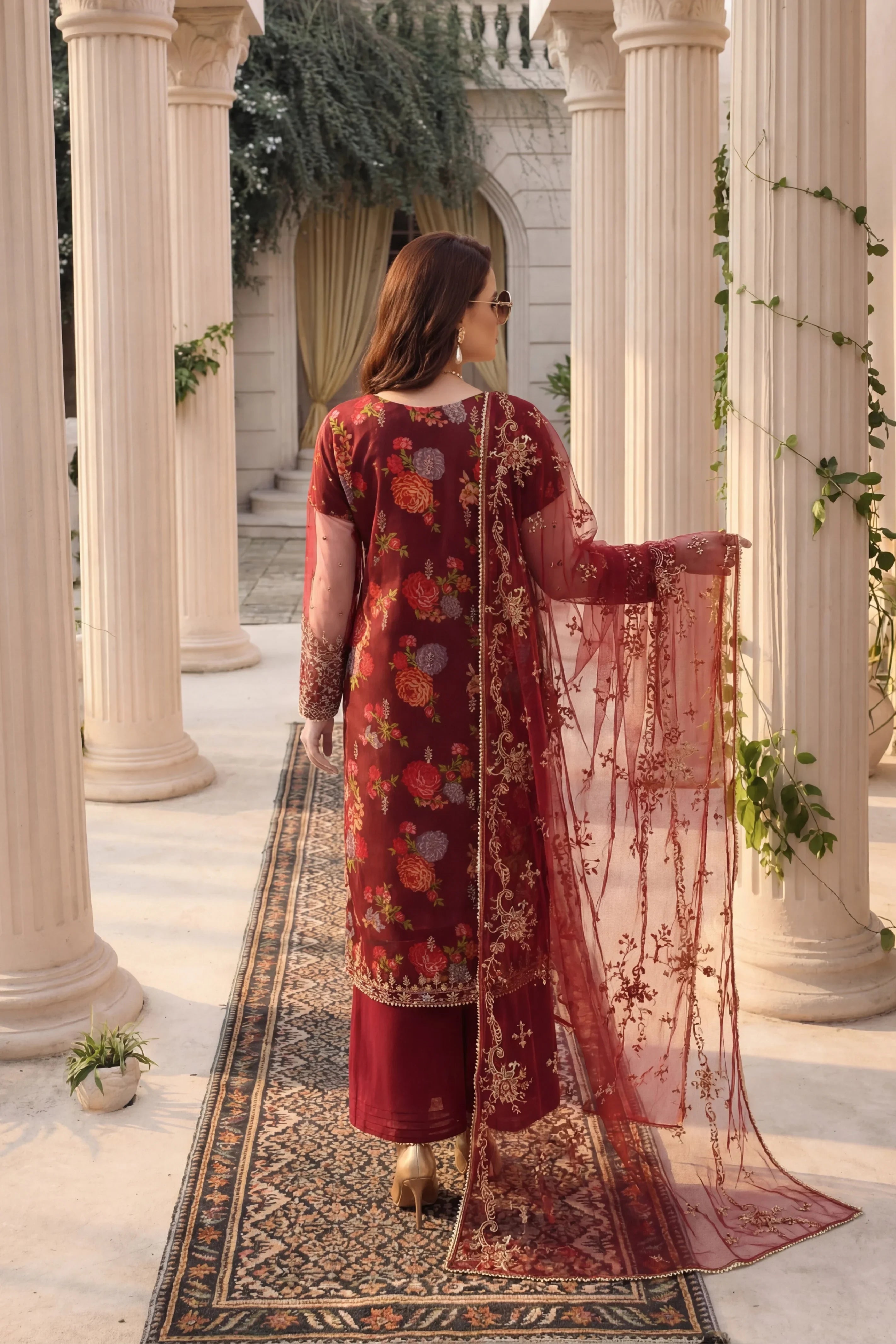 Elegant maroon floral embroidered dress with sheer dupatta, perfect for festive occasions