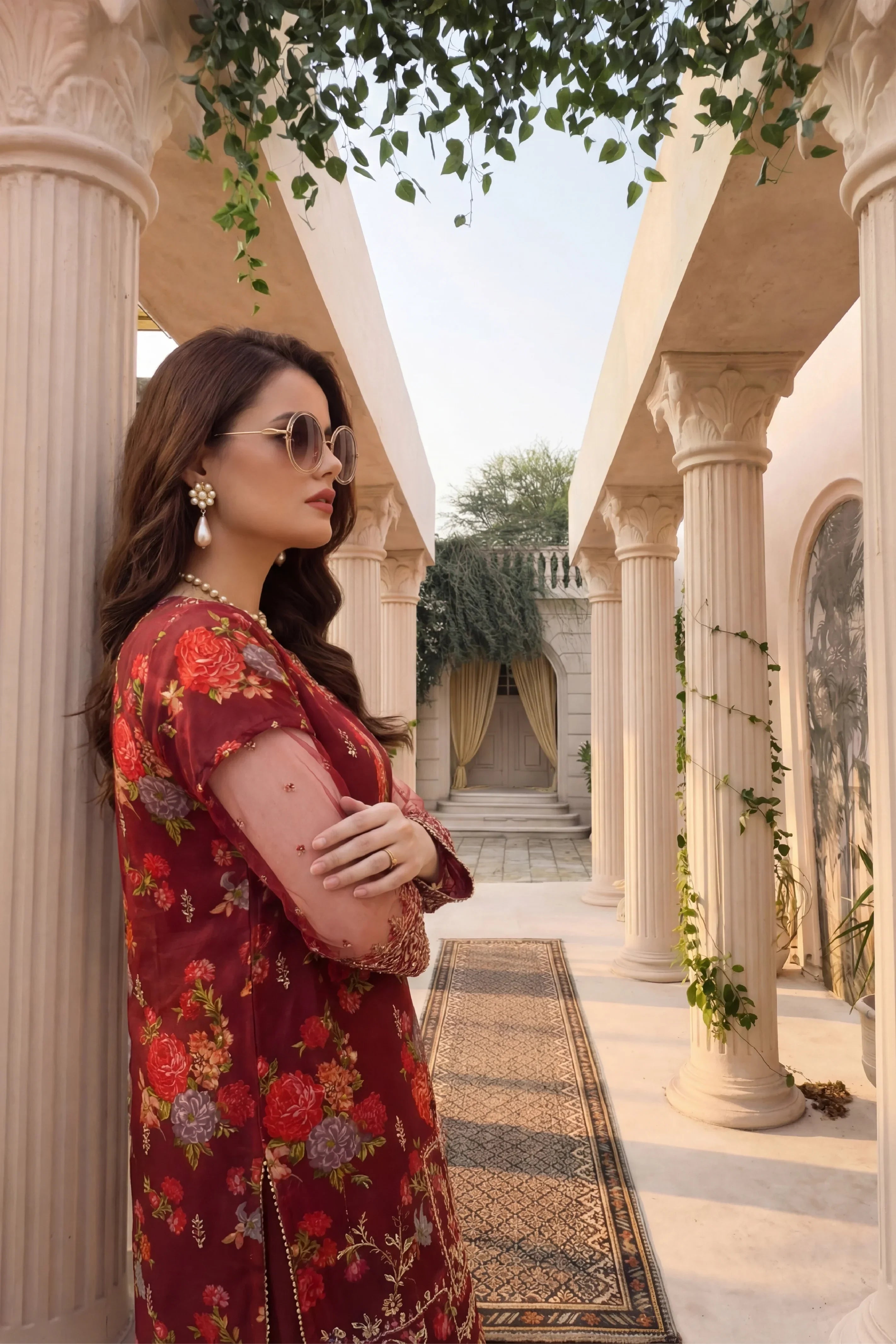 Woman in maroon floral embroidered dress at elegant columned courtyard, stylish sunglasses and pearl jewelry