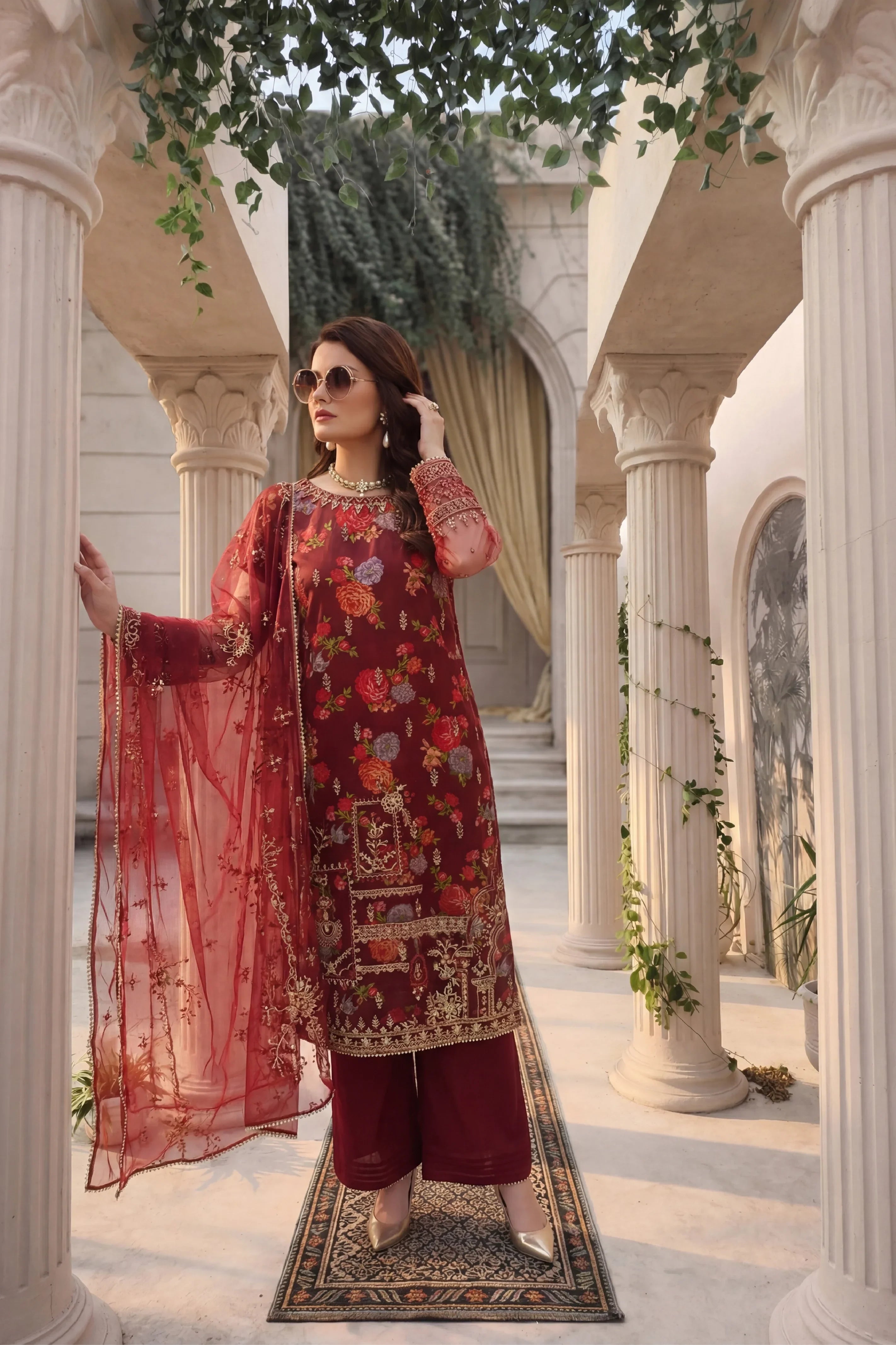 Elegant maroon floral embroidered Pakistani dress with dupatta, styled for formal occasions.