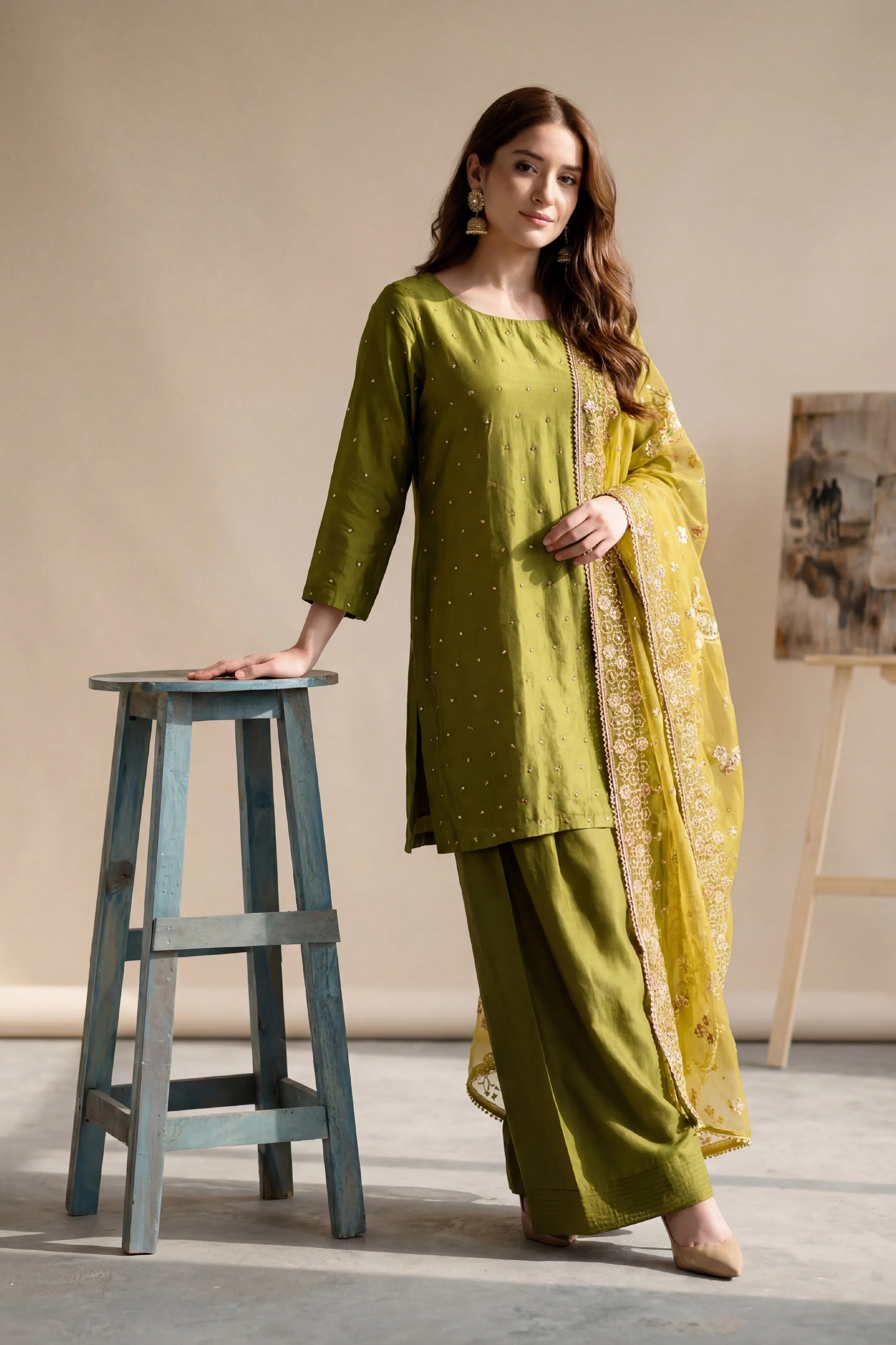Olive green embroidered Pakistani suit with matching dupatta, elegant women&