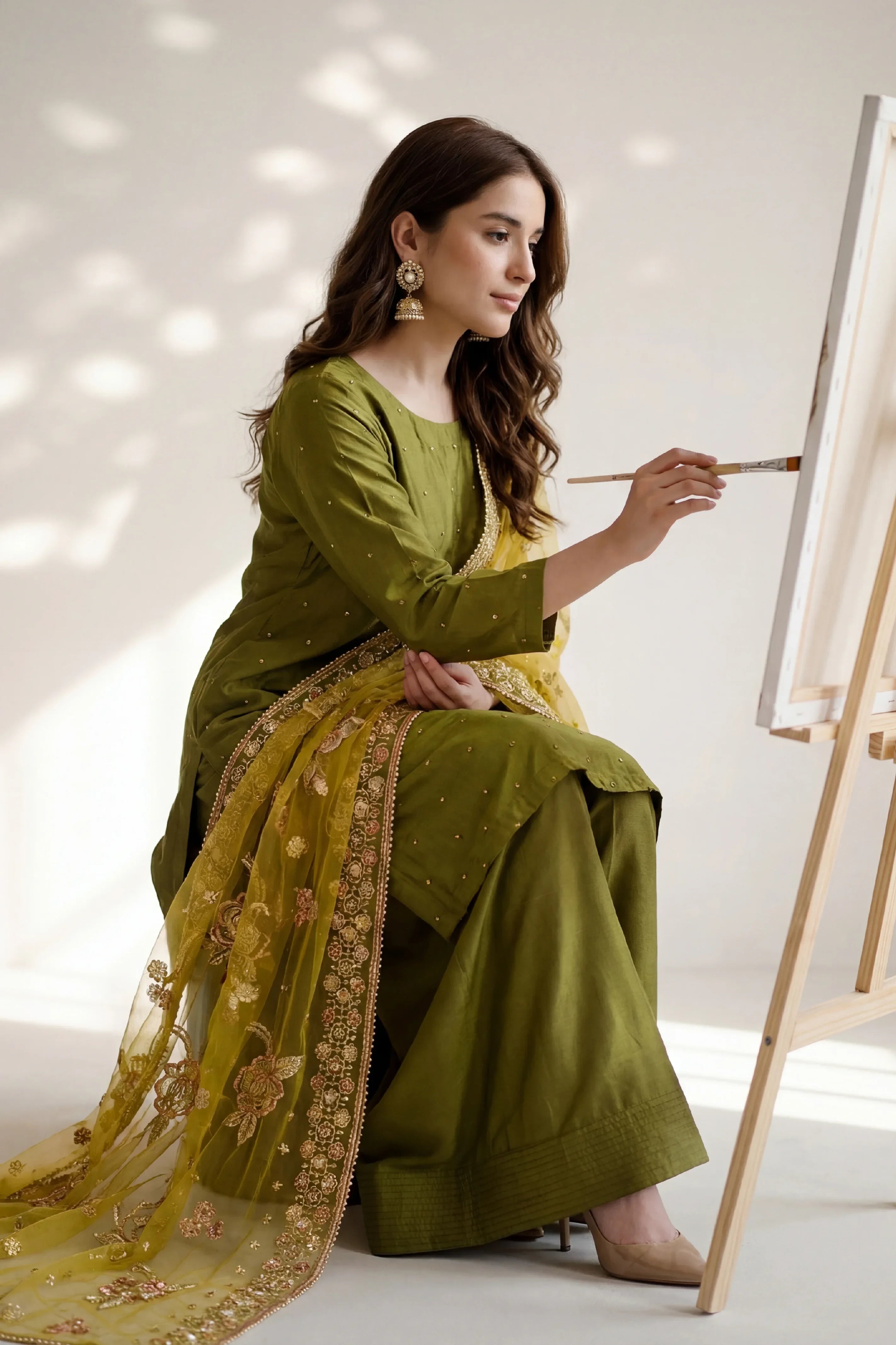 Elegant olive green stitched dress with floral embroidery, perfect for women&