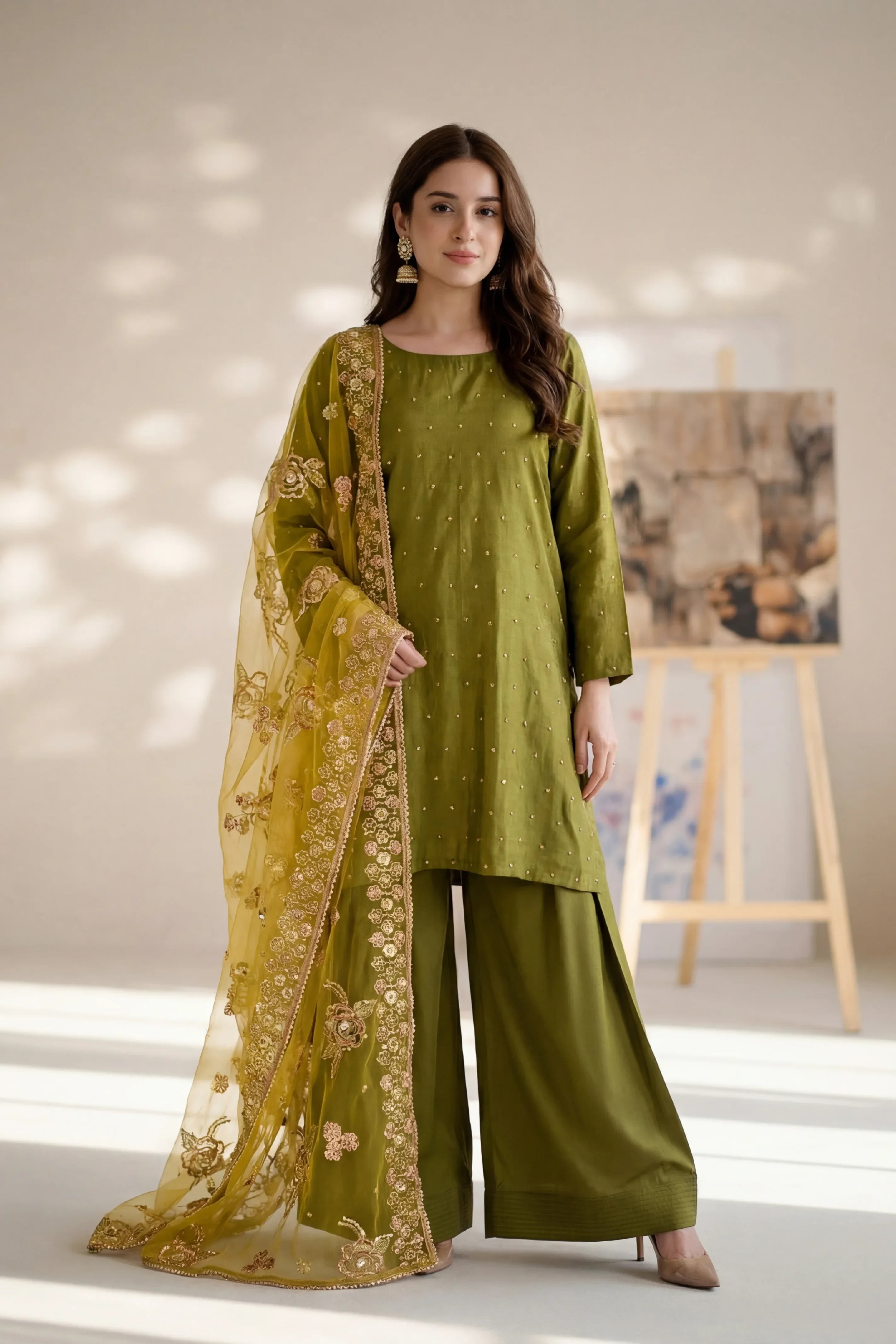 Olive green embroidered Pakistani suit with floral dupatta, elegant for weddings and parties