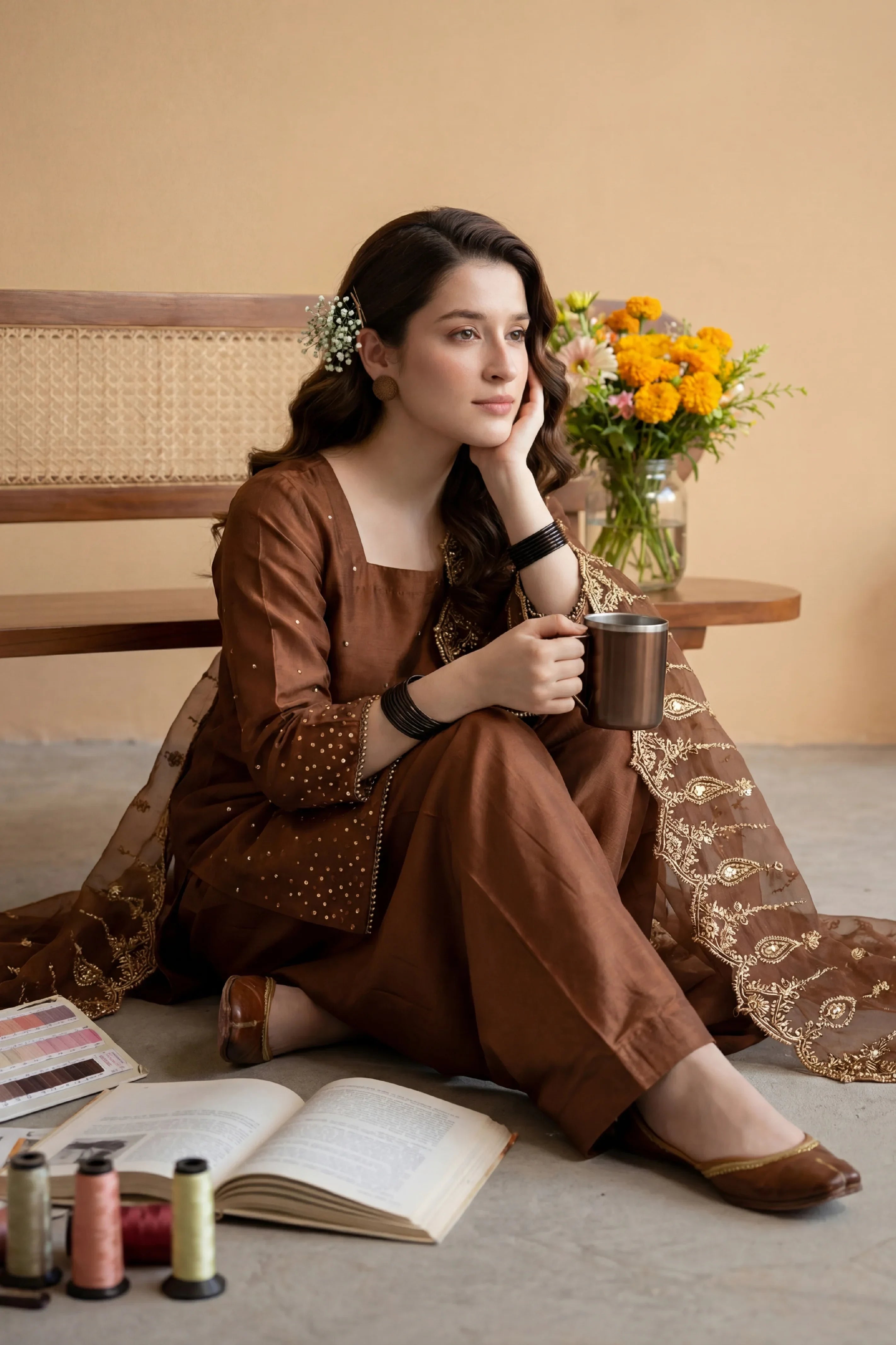 Elegant brown embroidered dress with gold detailing, perfect for women&
