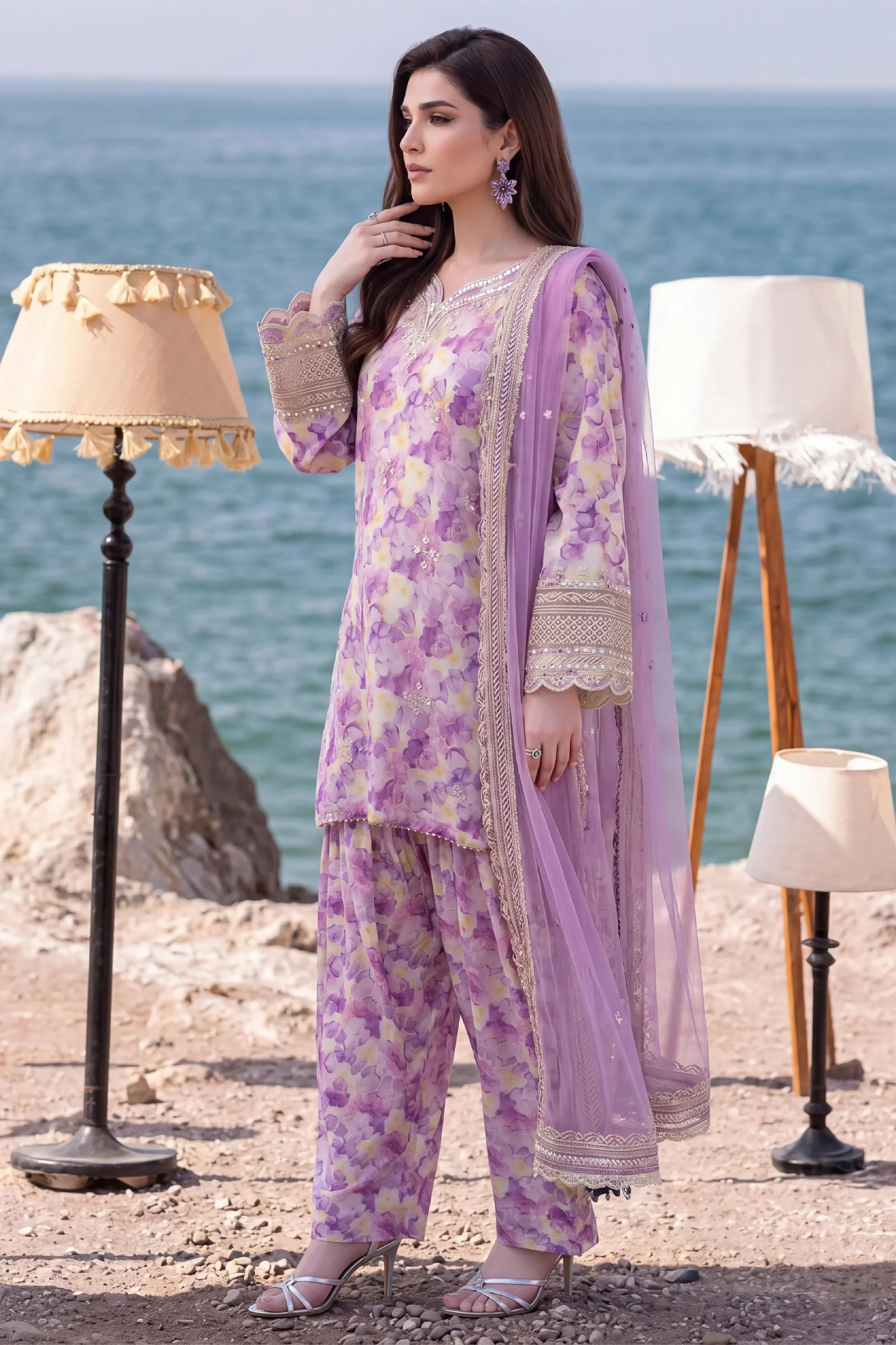 Purple floral printed stitched dress with embroidered dupatta, elegant women&