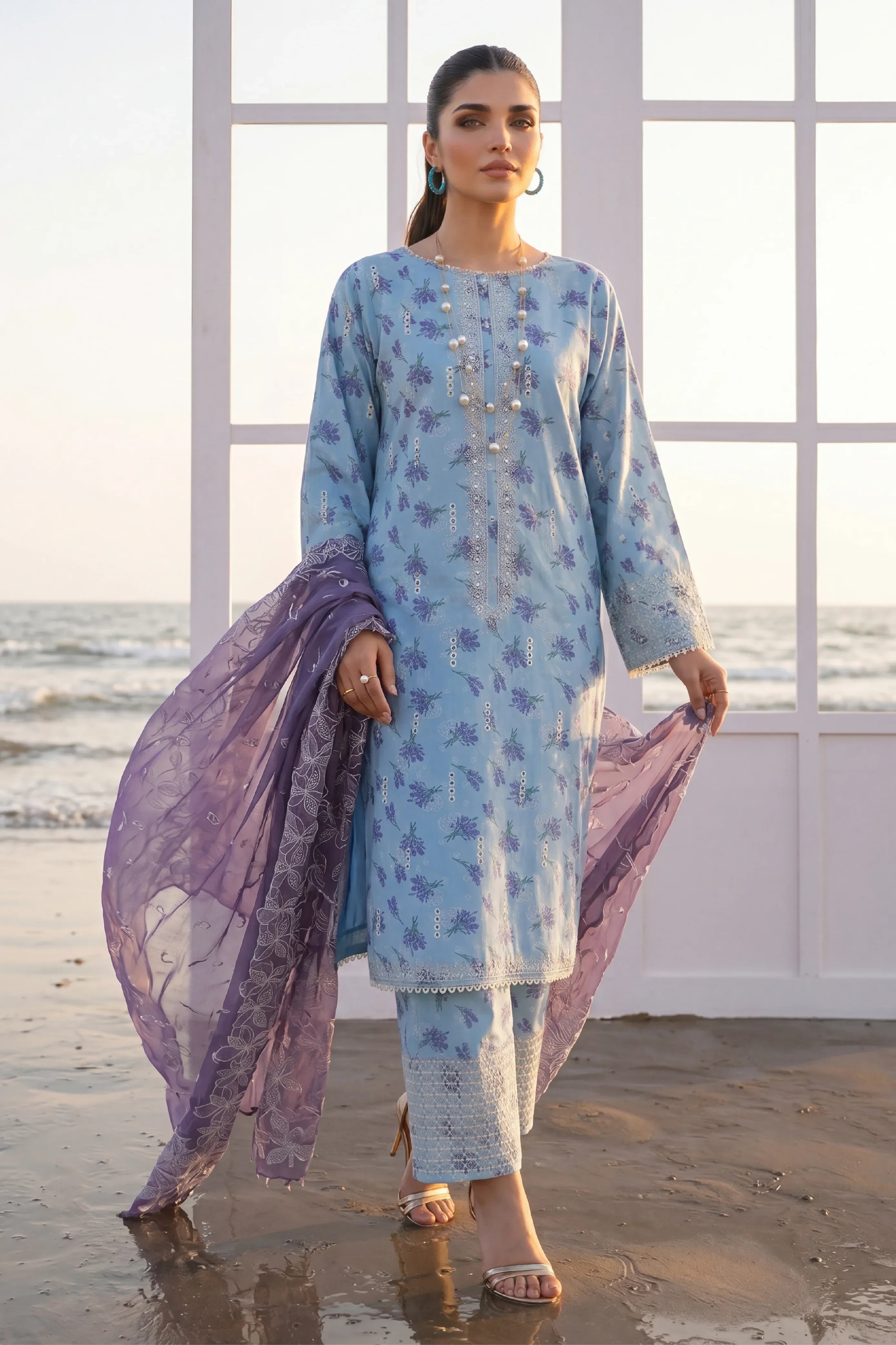 Elegant light blue floral printed stitched dress with purple dupatta, perfect for women’s fashion in Pakistan