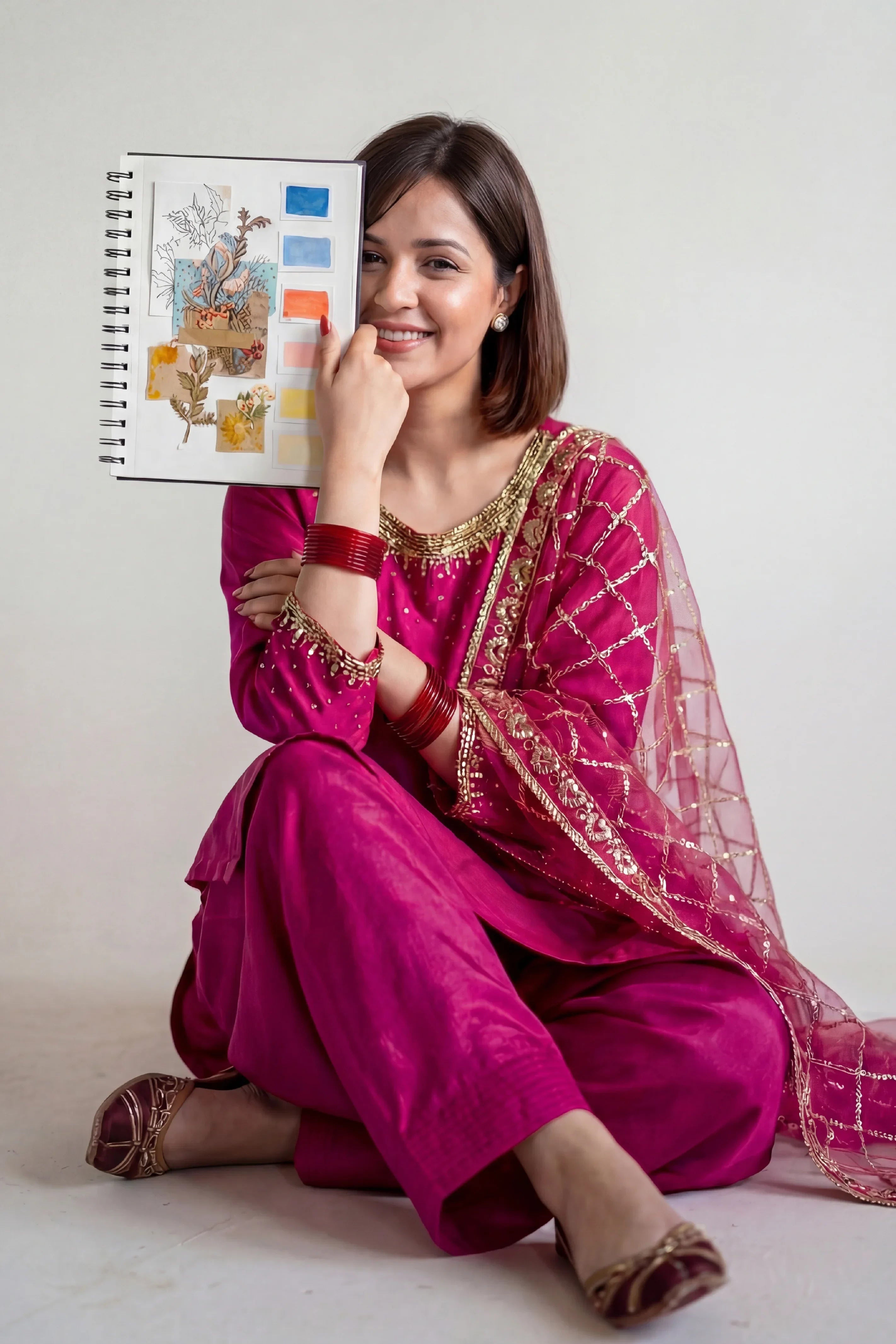 Woman in pink embroidered Pakistani dress holding design sketchbook, showcasing elegant stitched fashion
