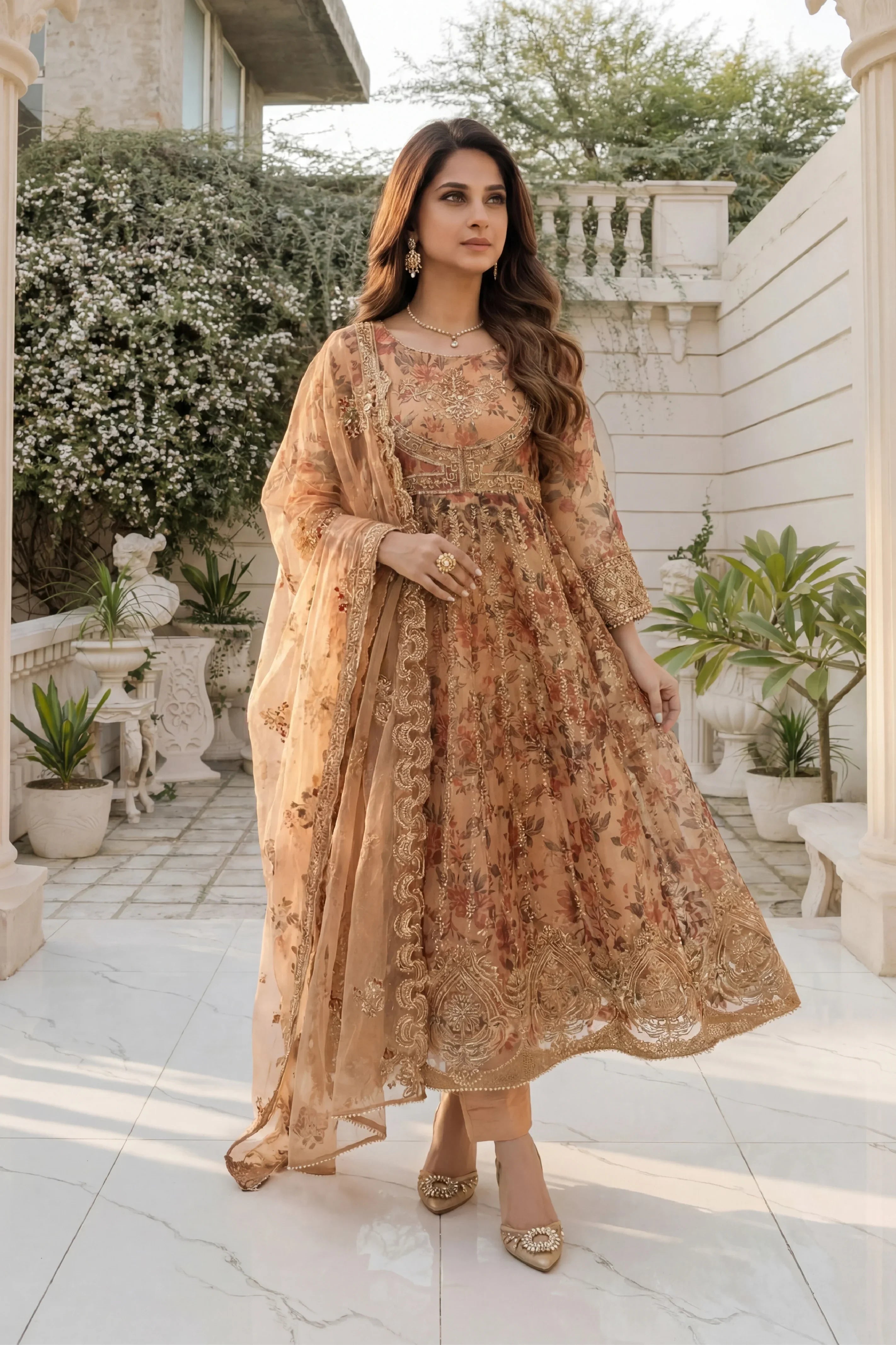 Elegant floral embroidered dress with gold detailing, perfect for women&