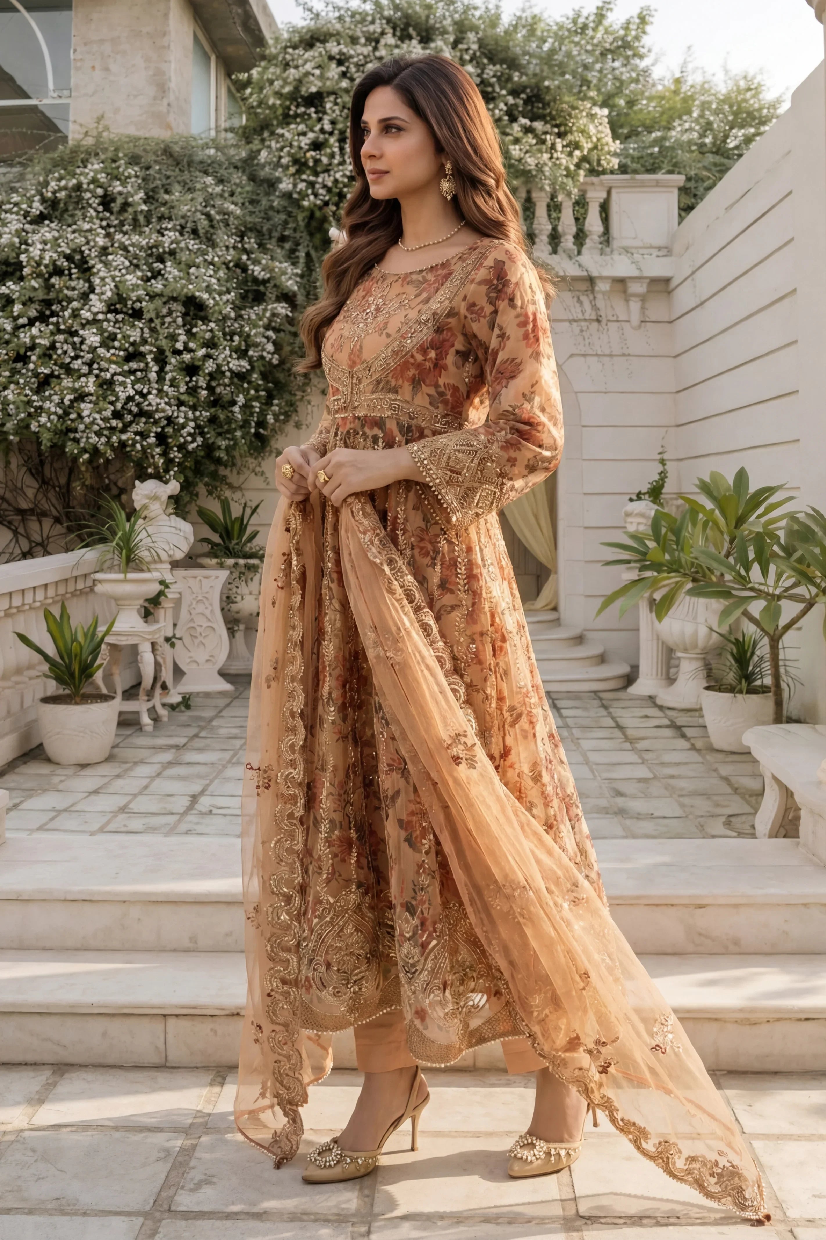 Elegant floral embroidered dress with gold detailing, perfect for women&
