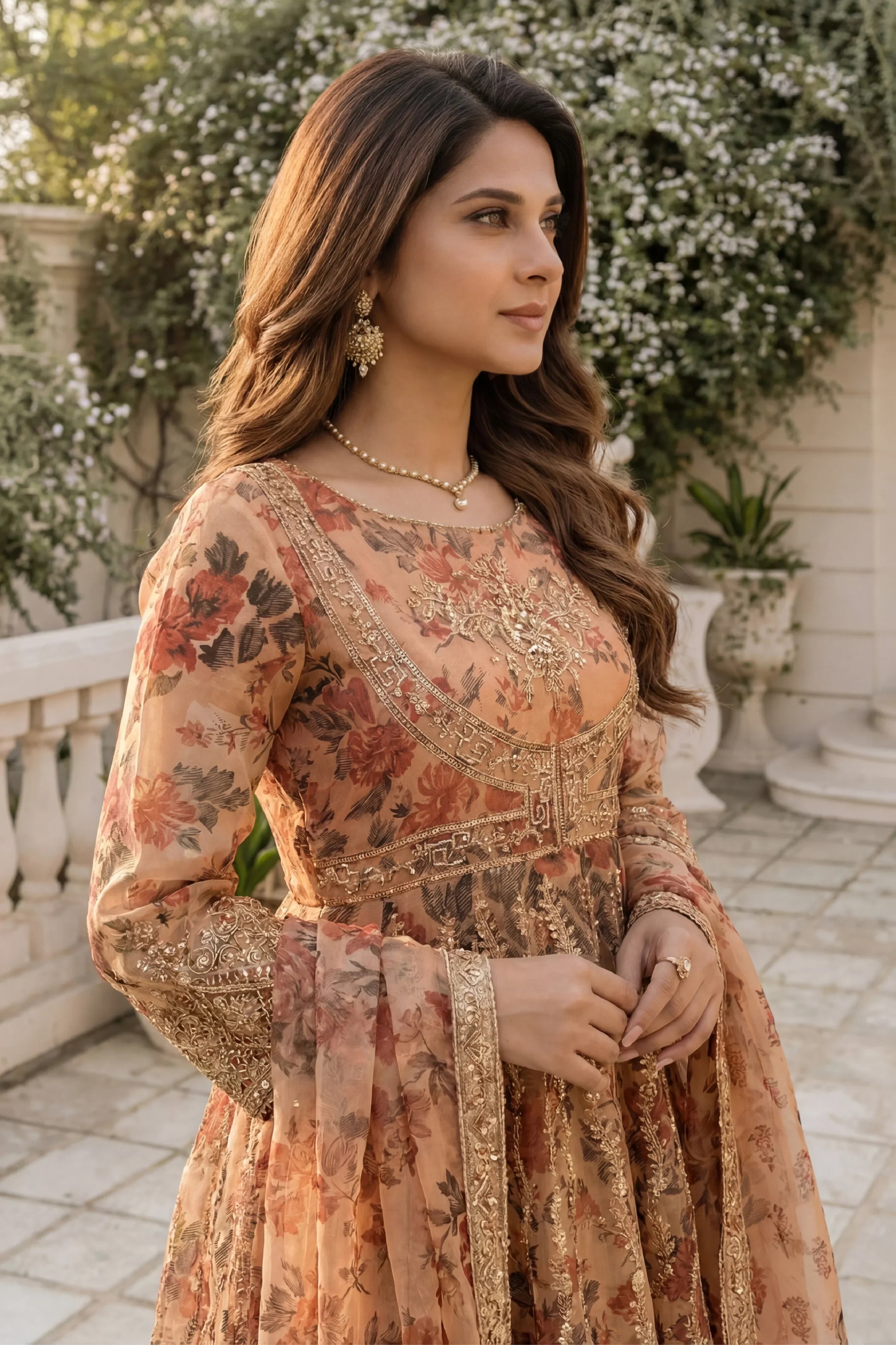 Elegant floral embroidered dress with gold detailing, perfect for Pakistani women&