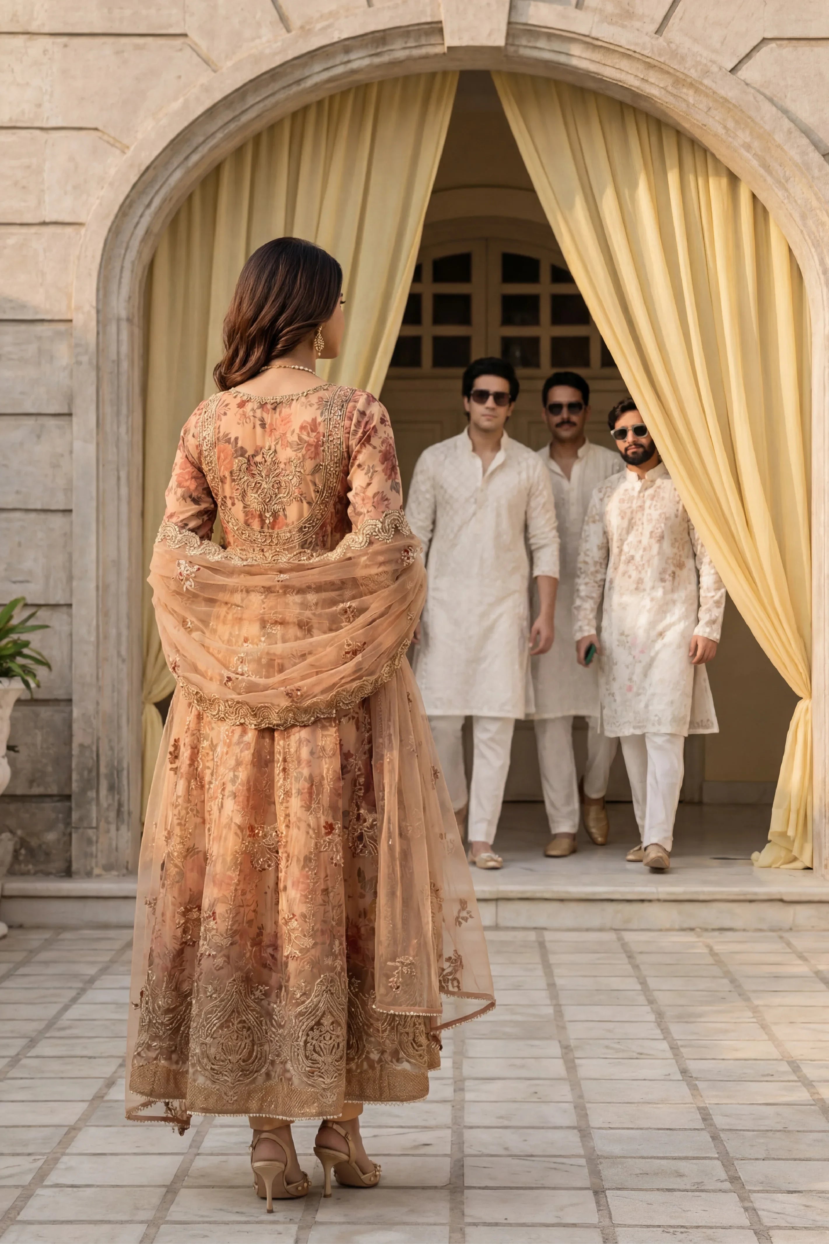 Elegant peach embroidered dress with gold detailing, perfect for weddings and formal events in Pakistan.