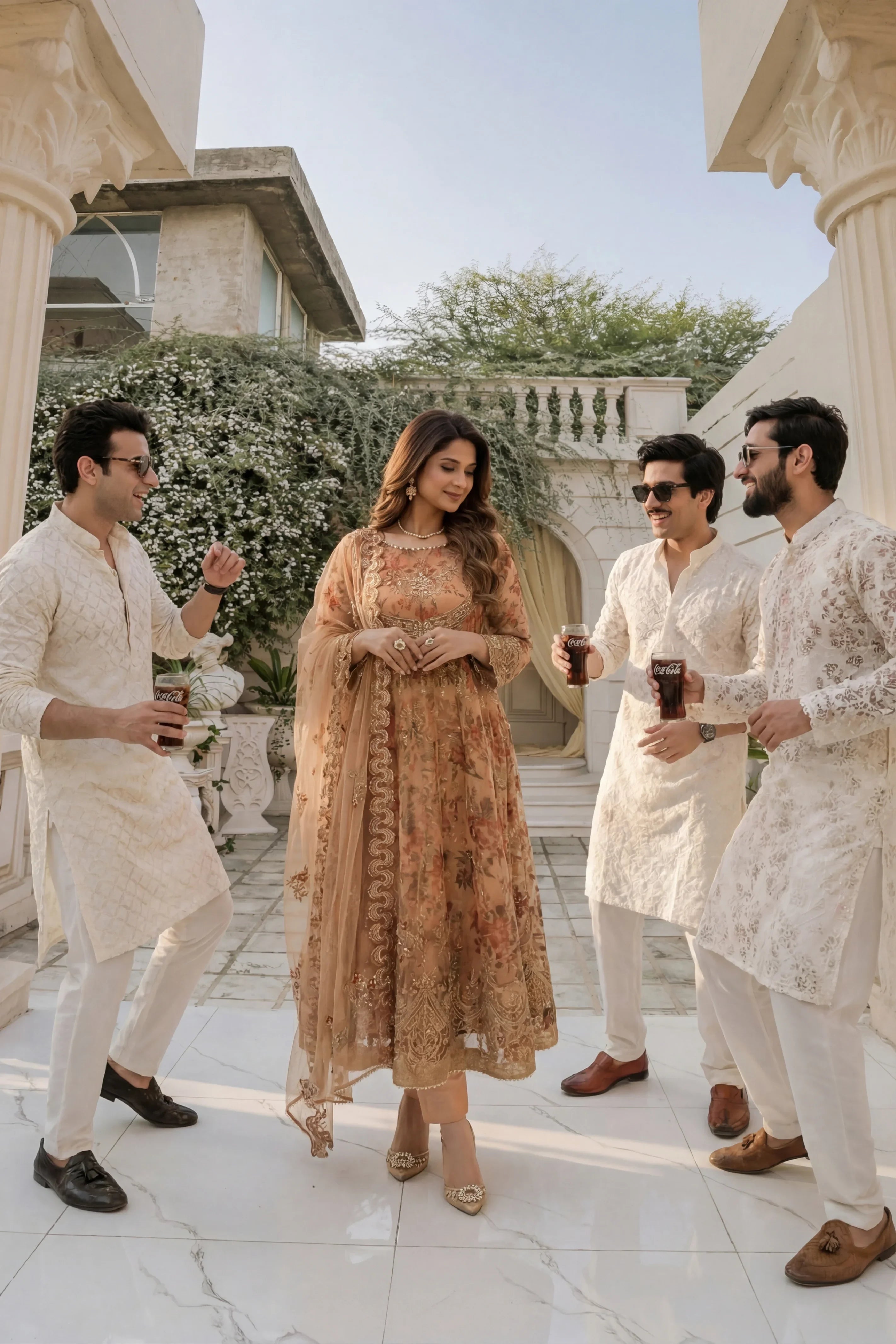 Elegant woman in floral embroidered dress with men in white kurta pajamas at outdoor event