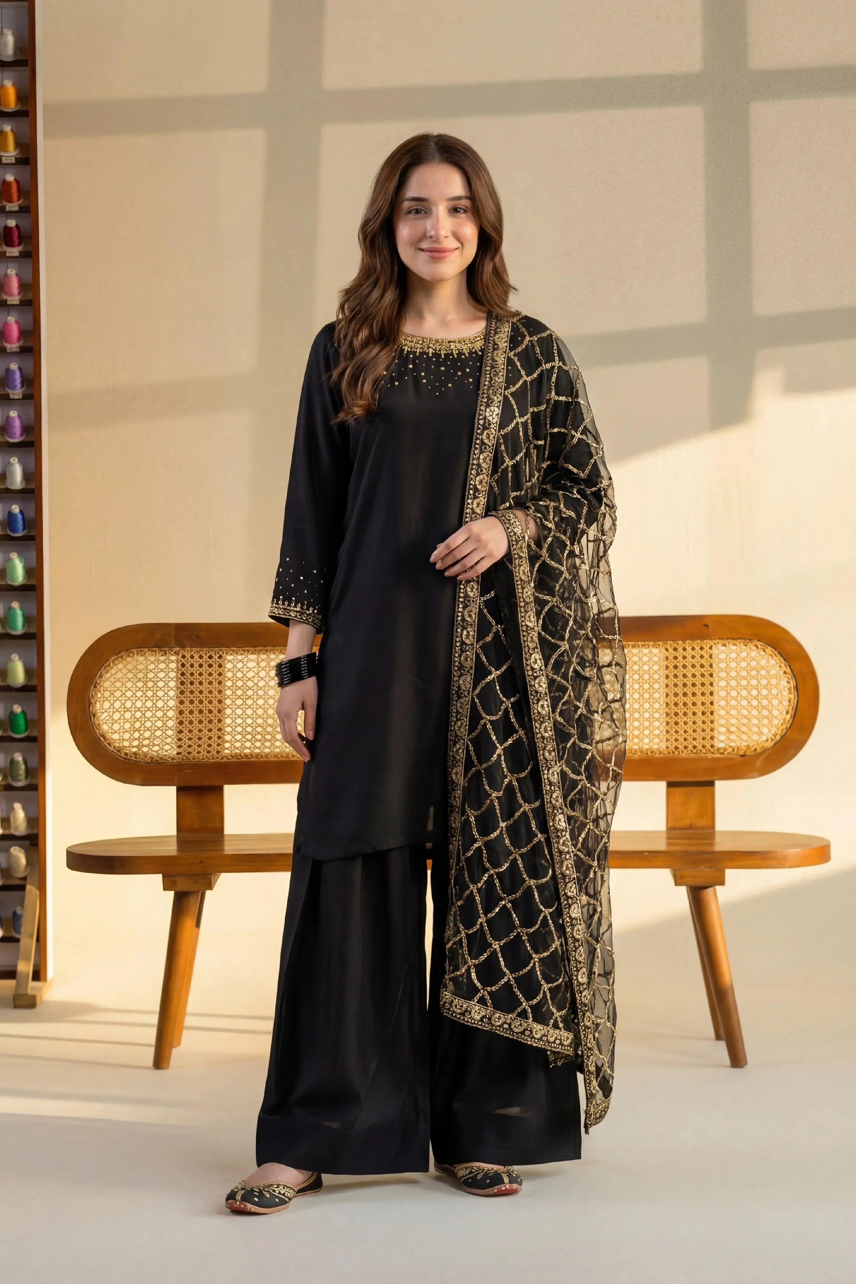 Black Pakistani suit with gold embroidery, elegant stitched dress for women, premium fabric, timeless style