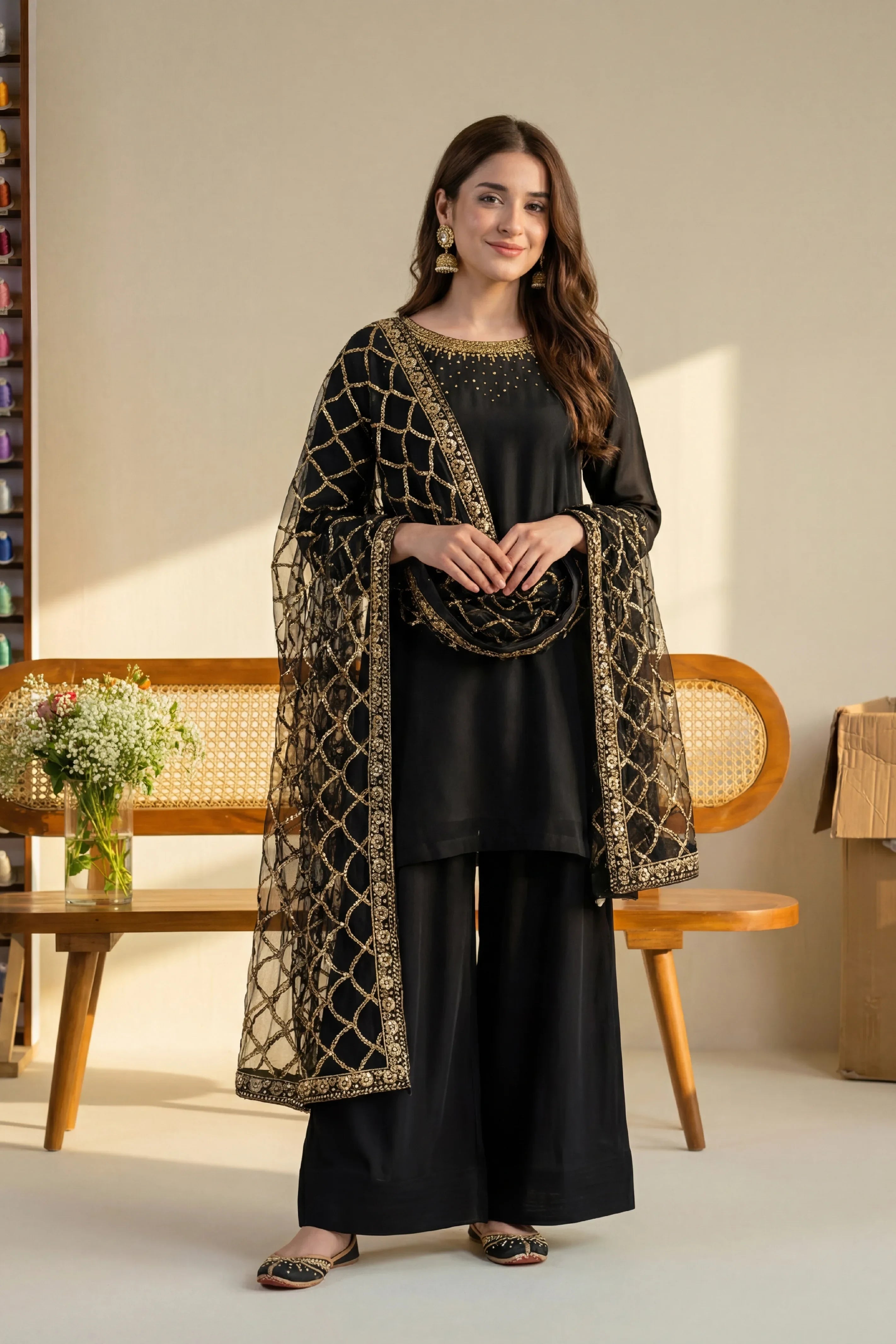 Black embroidered Pakistani suit with gold detailing, elegant for formal occasions
