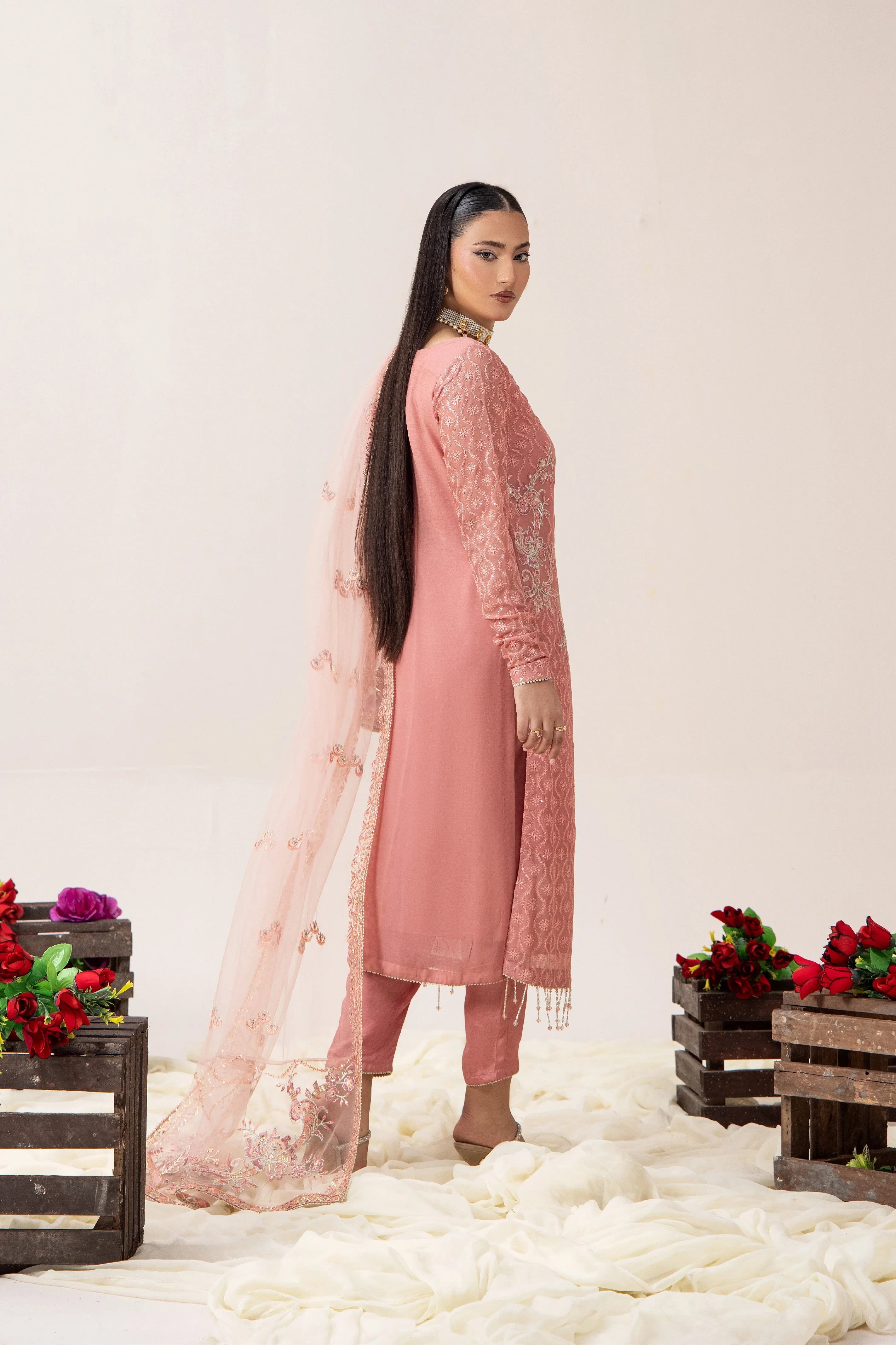 Elegant pink embroidered lawn suit with matching dupatta, perfect for Pakistani women&