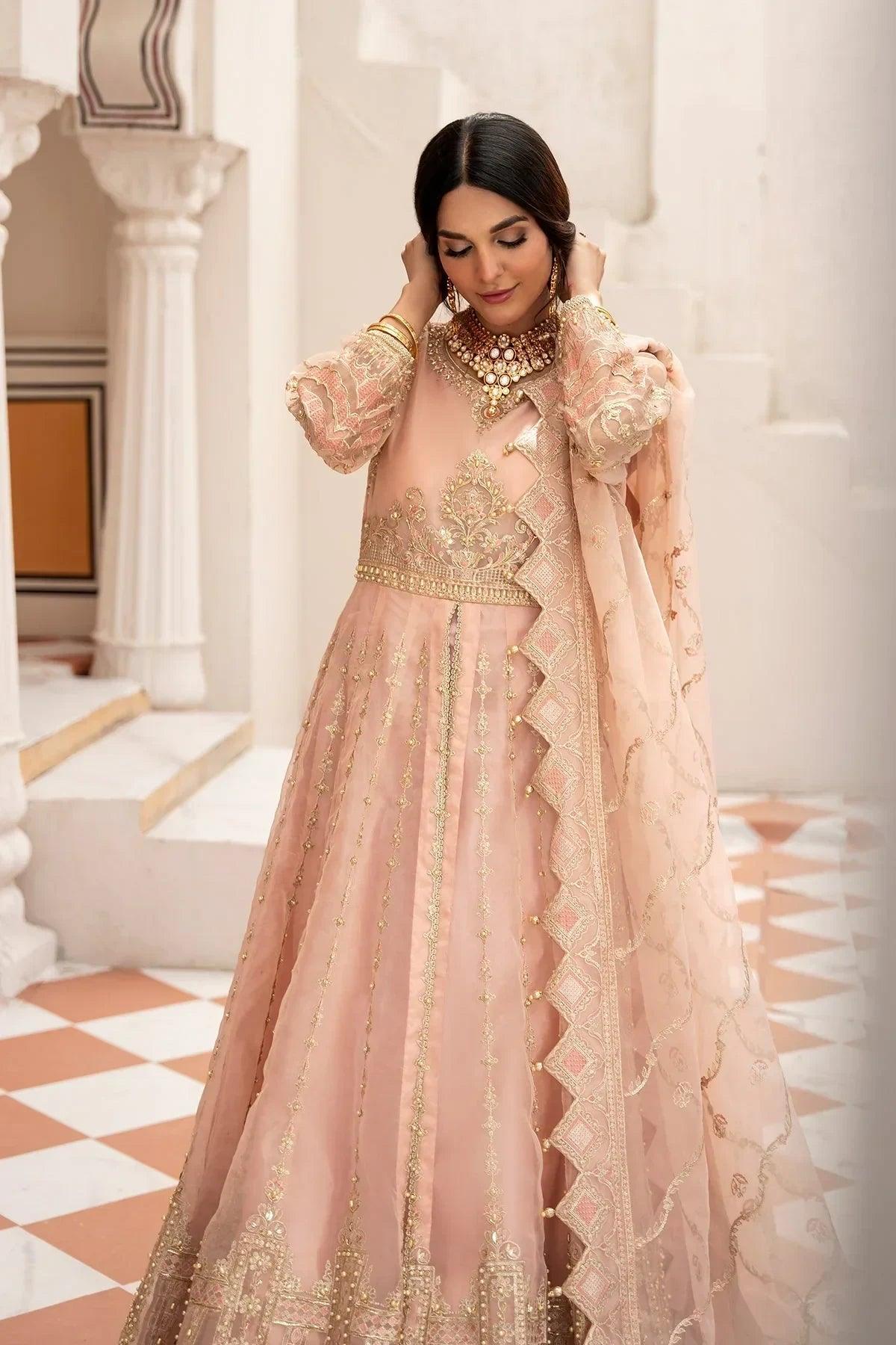 Elegant blush pink embroidered gown with gold detailing, perfect for weddings and special occasions in Pakistan.