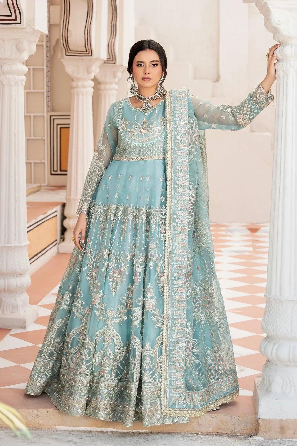 Elegant light blue embroidered anarkali dress with dupatta, perfect for weddings and special occasions in Pakistan