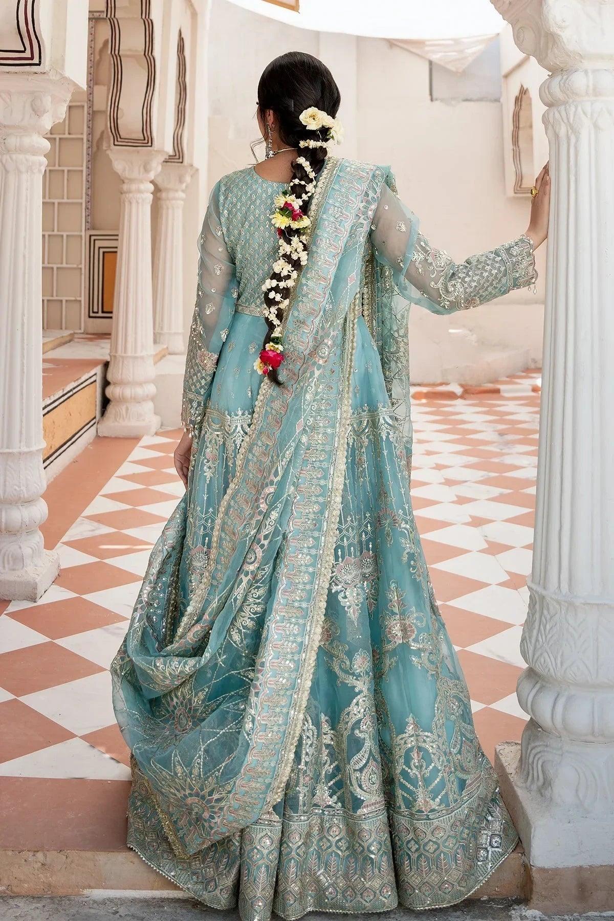 Elegant light blue embroidered Pakistani dress with floral braid, perfect for weddings and formal occasions.