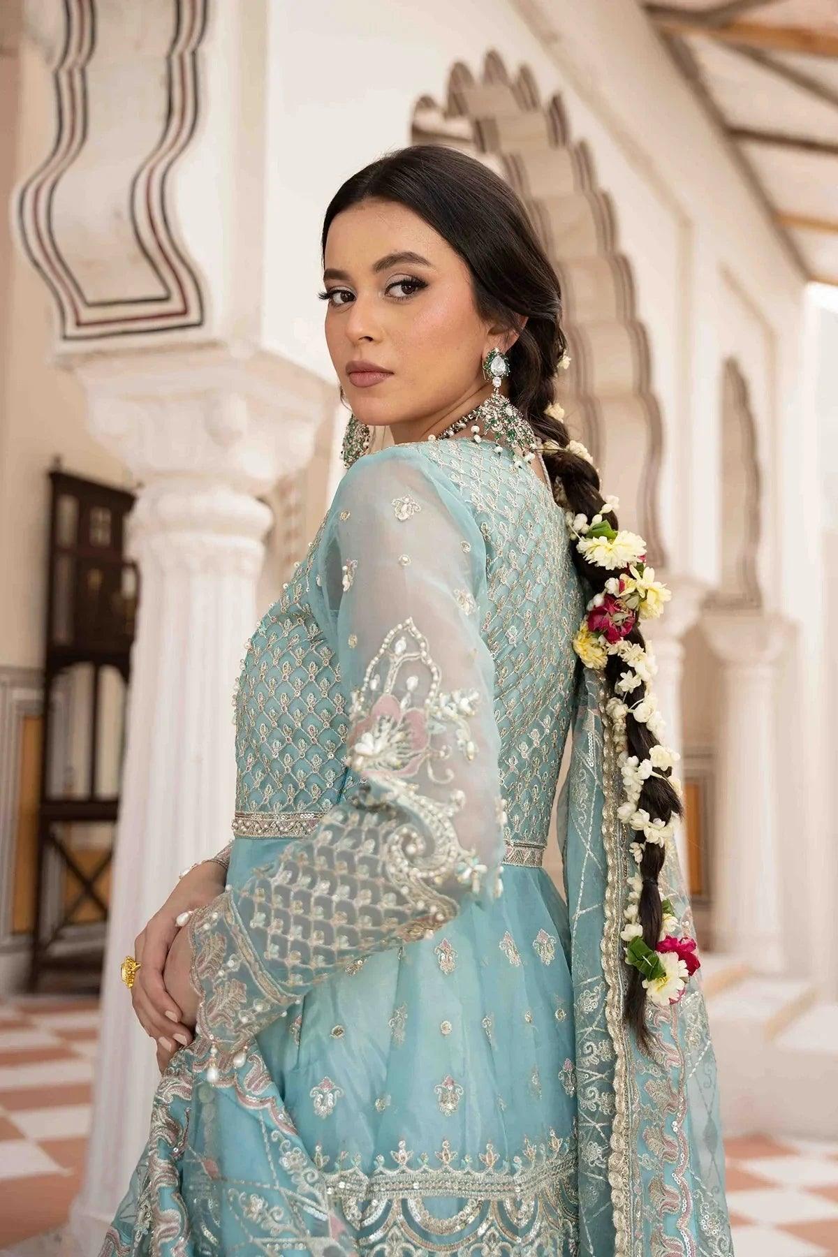Elegant light blue embroidered Pakistani dress with floral braid, perfect for weddings and special occasions.
