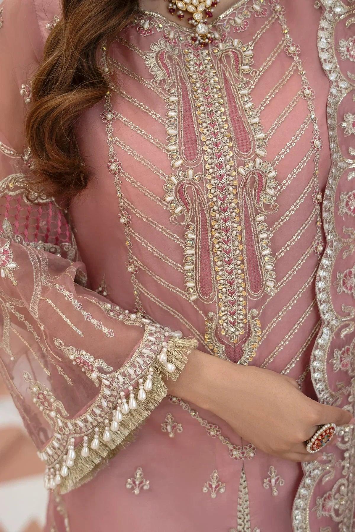 Pink embroidered dress with pearl and gold detailing, elegant Pakistani women&