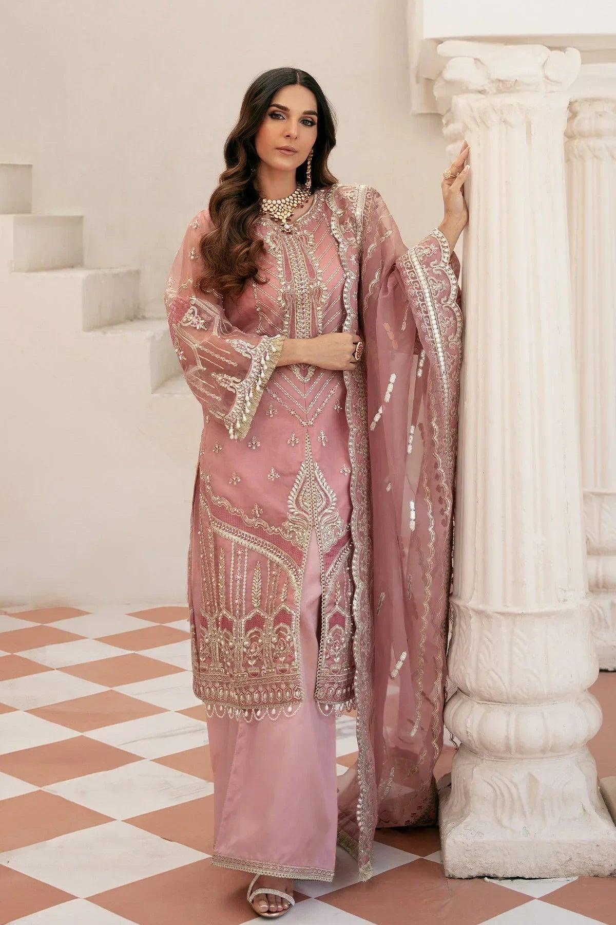 Elegant pink embroidered Pakistani dress with matching dupatta, perfect for weddings and special occasions