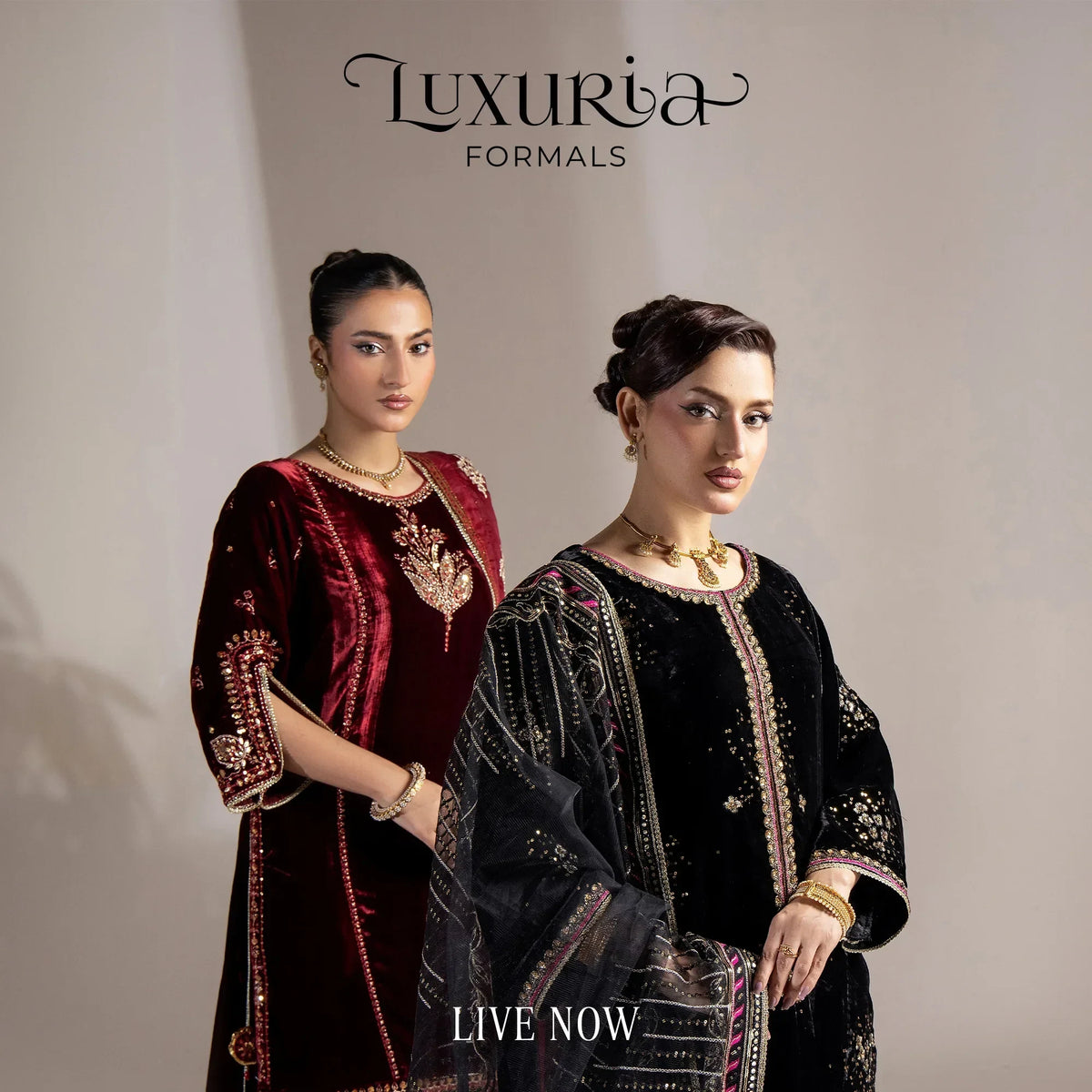 Luxuria Formals: Elegant velvet Pakistani dresses with intricate embroidery for women, live now.