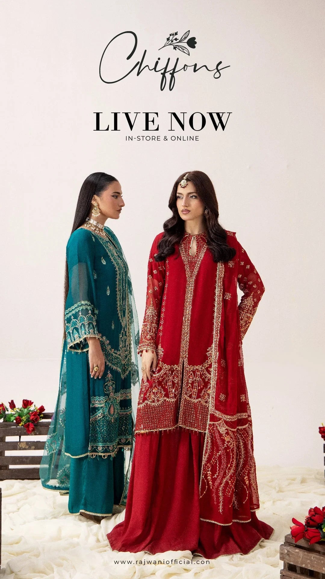 Elegant red and teal chiffon dresses with gold embroidery, perfect for Pakistani women’s fashion occasions.
