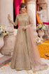 Elegant gold-embroidered Pakistani wedding dress with sheer dupatta, perfect for bridal occasions and festive events.