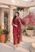 Elegant maroon embroidered Pakistani suit with floral dupatta, perfect for formal occasions and weddings.