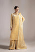 Elegant gold embroidered Pakistani dress with matching dupatta and palazzo pants, perfect for festive occasions.