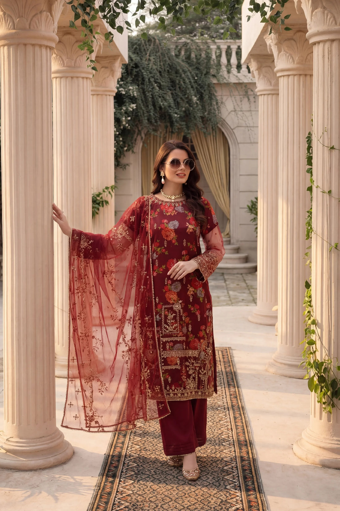 Elegant maroon floral embroidered dress with sheer dupatta, perfect for Pakistani women&