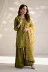 Olive green embroidered Pakistani suit with floral dupatta, elegant women&