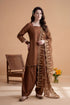 Brown embroidered Pakistani suit with gold detailing, elegant stitched dress for women